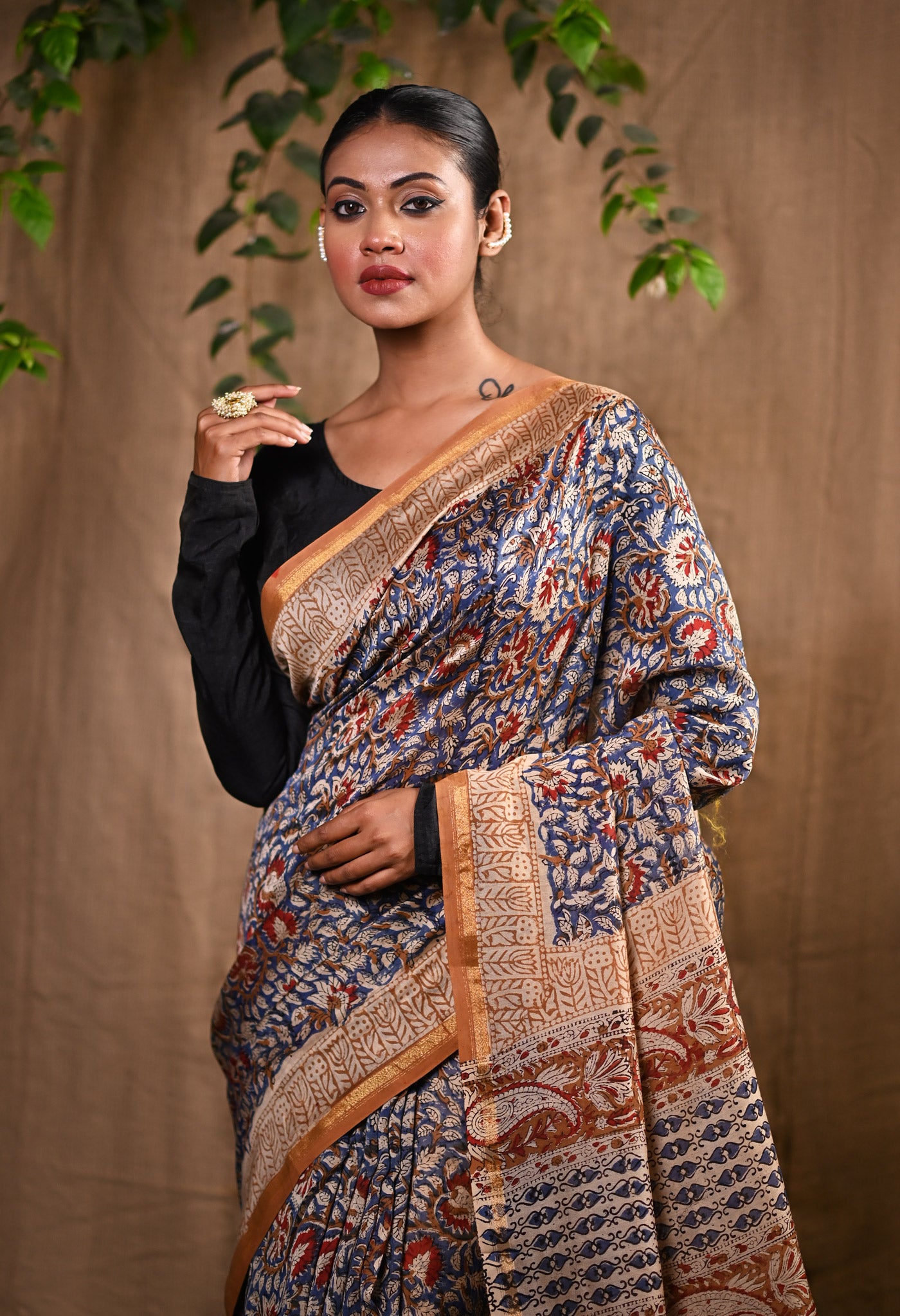Blue Pure Bagru Kalamkari Printed Chanderi Sico Saree-UNM77124