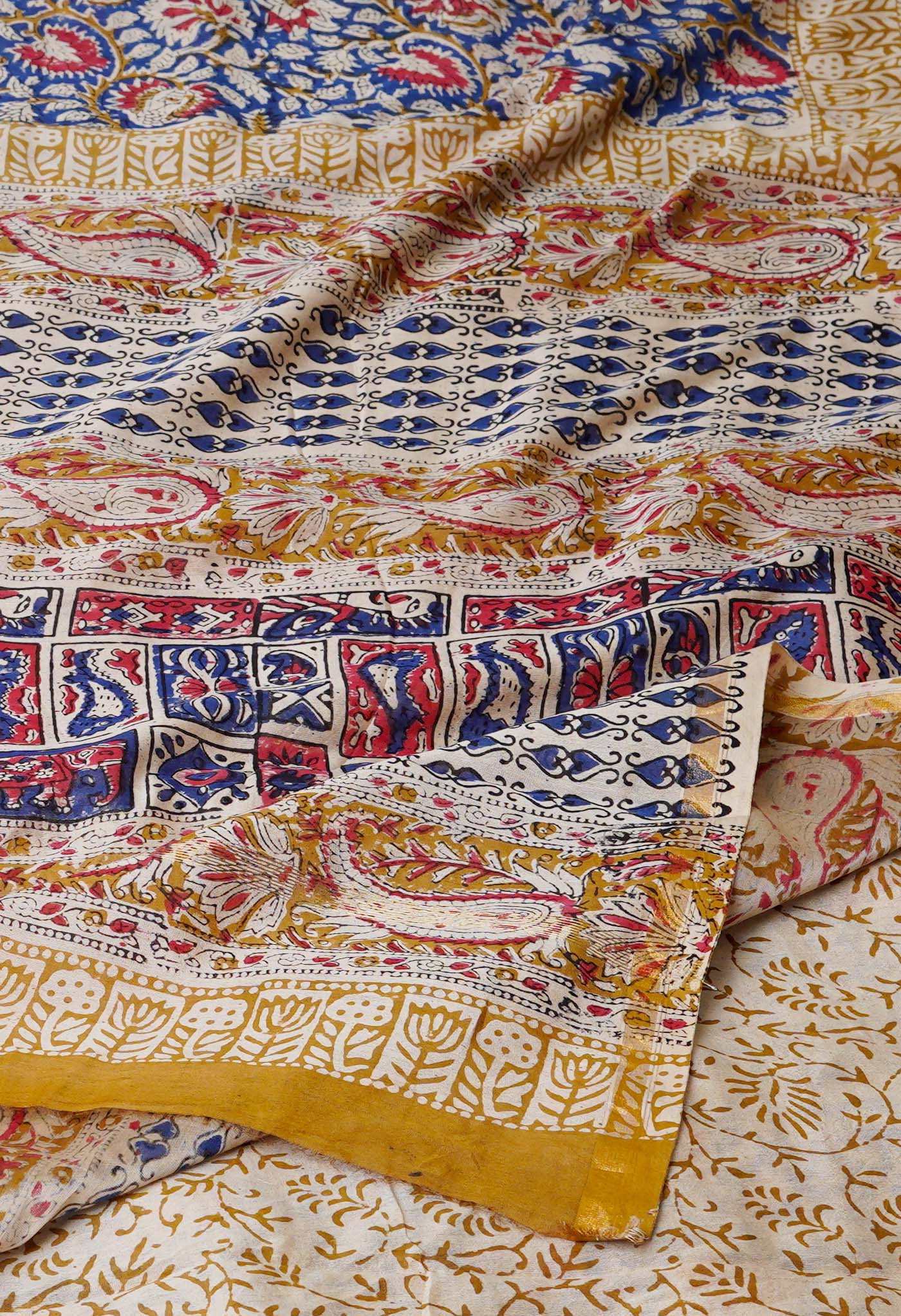 Blue Pure Bagru Kalamkari Printed Chanderi Sico Saree-UNM77124