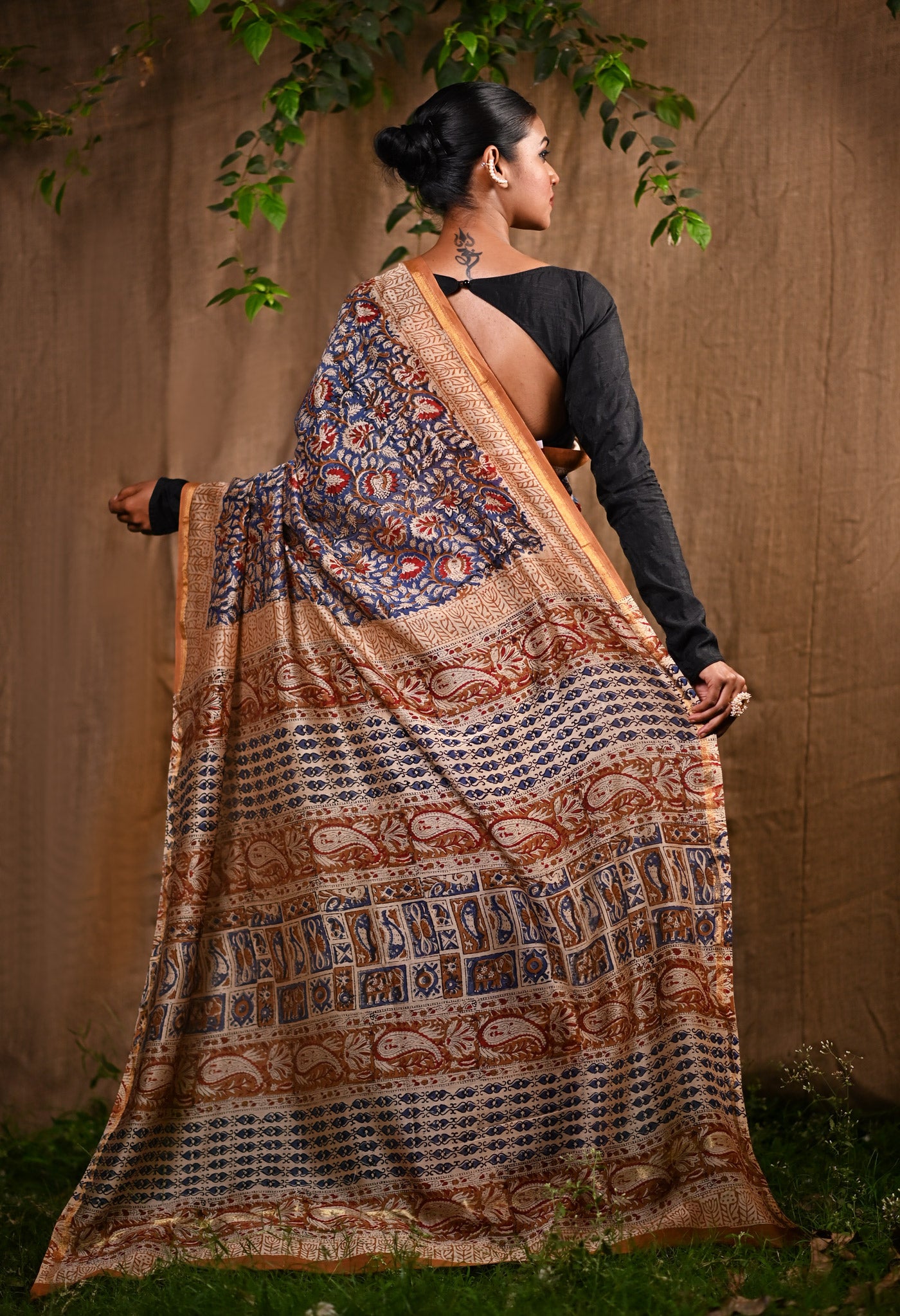 Blue Pure Bagru Kalamkari Printed Chanderi Sico Saree-UNM77124
