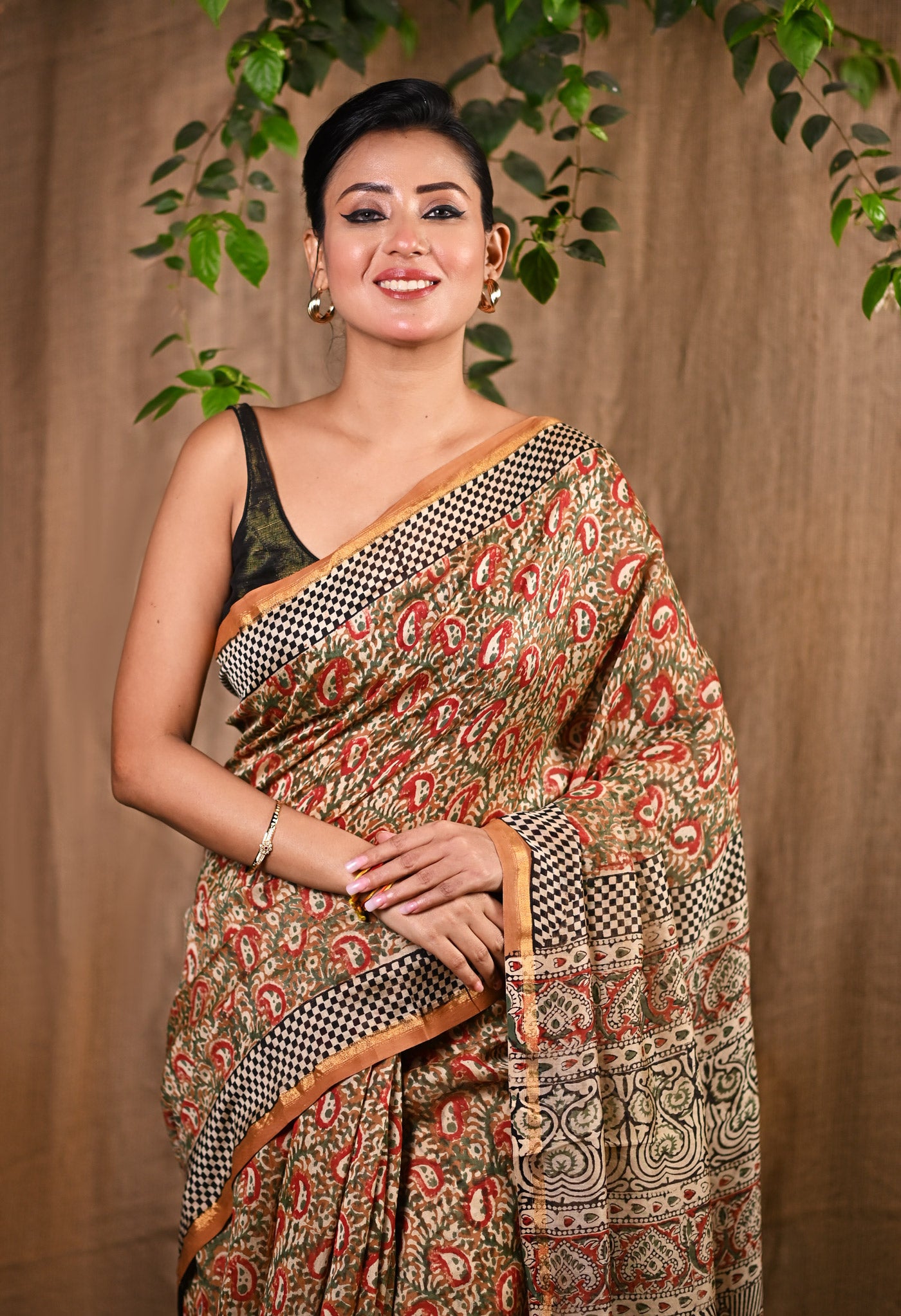 Brown Pure Bagru Kalamkari Printed Chanderi Sico Saree-UNM77125