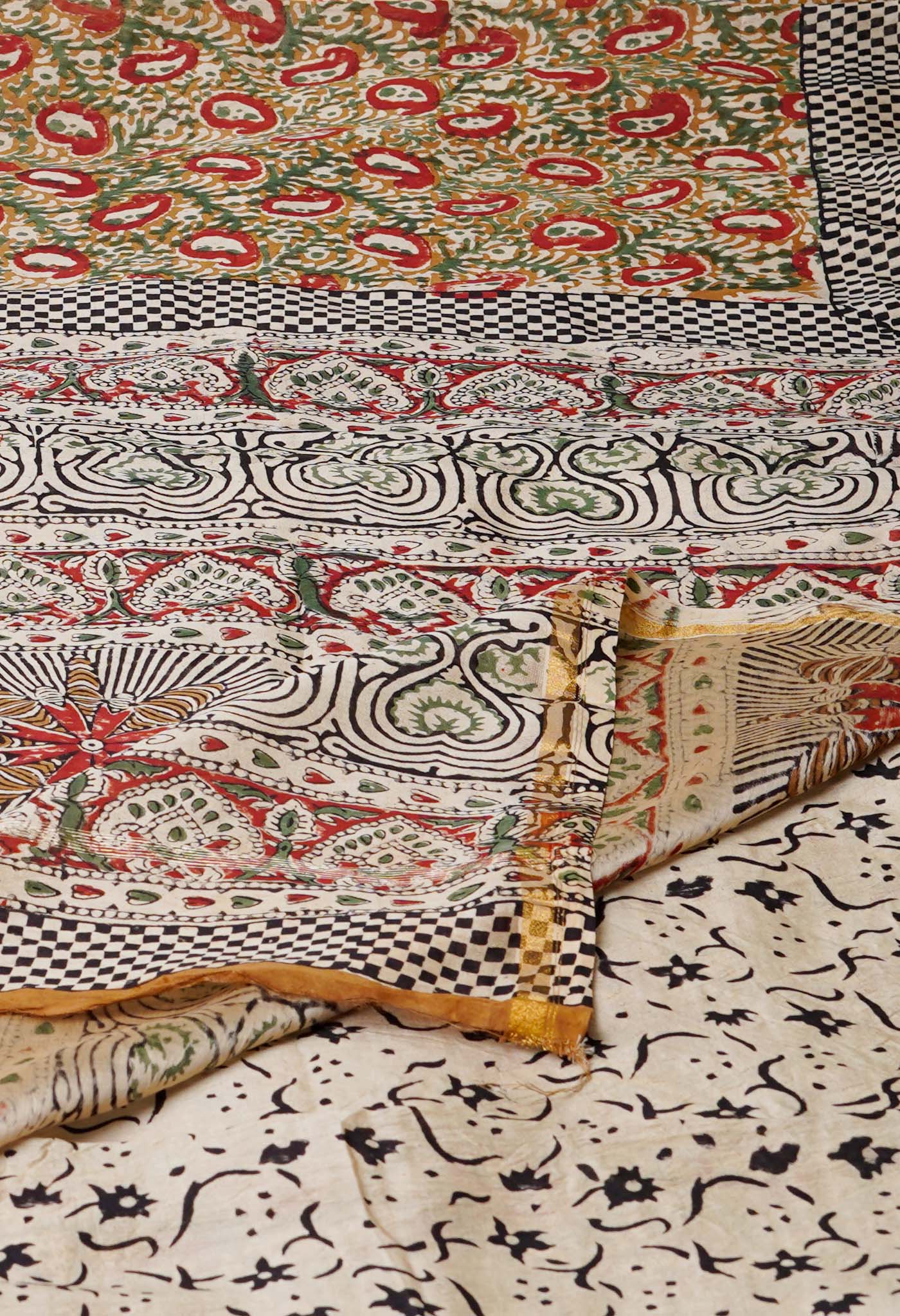 Brown Pure Bagru Kalamkari Printed Chanderi Sico Saree-UNM77125