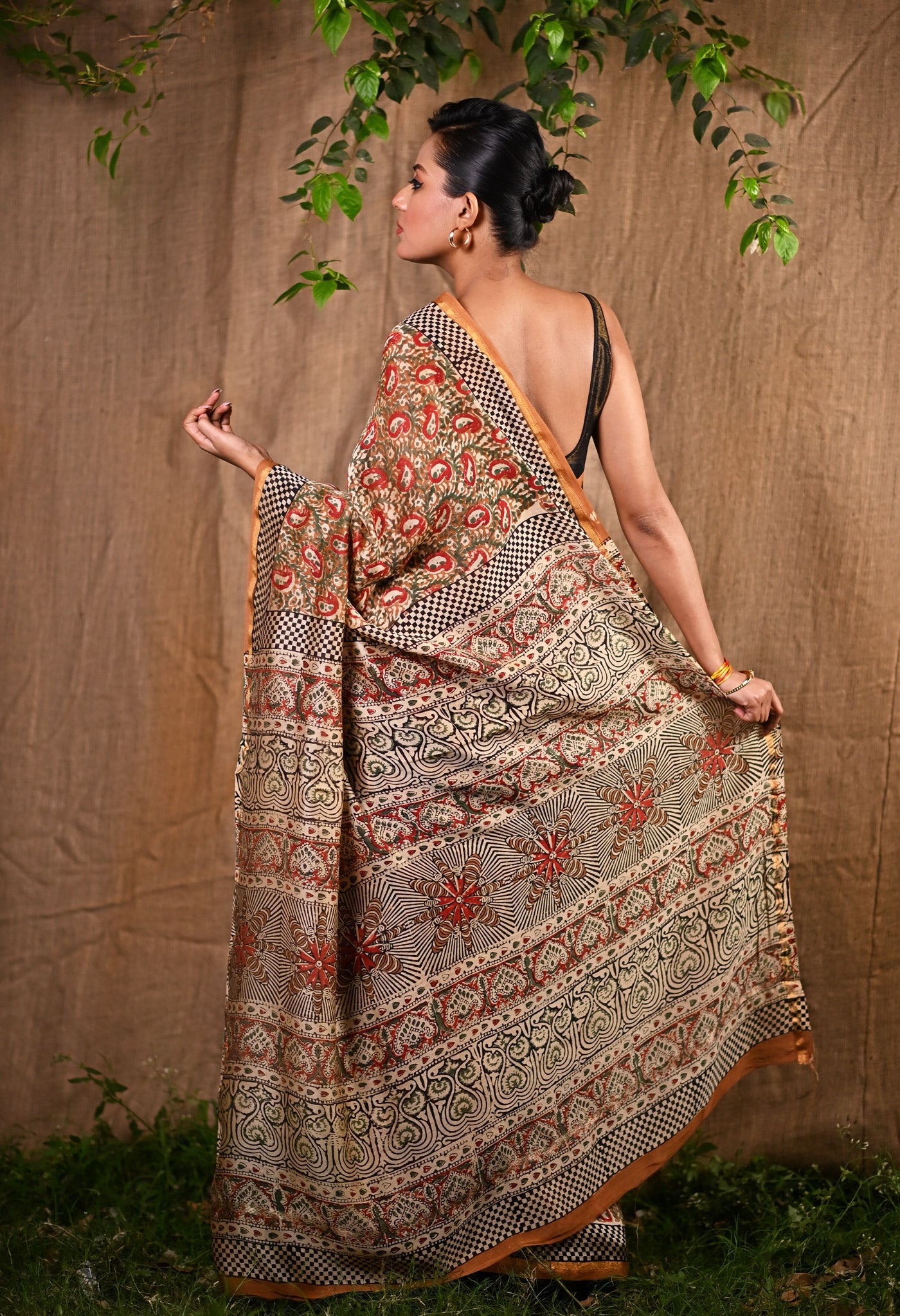 Brown Pure Bagru Kalamkari Printed Chanderi Sico Saree-UNM77125