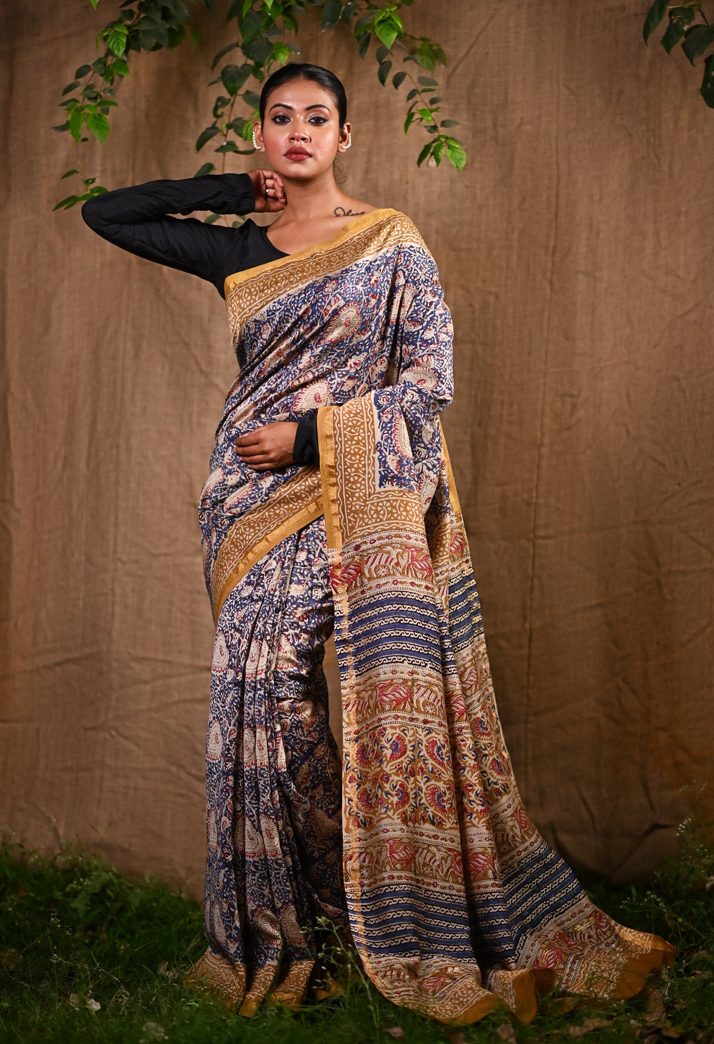 Blue Pure Bagru Kalamkari Printed Chanderi Sico Saree-UNM77129