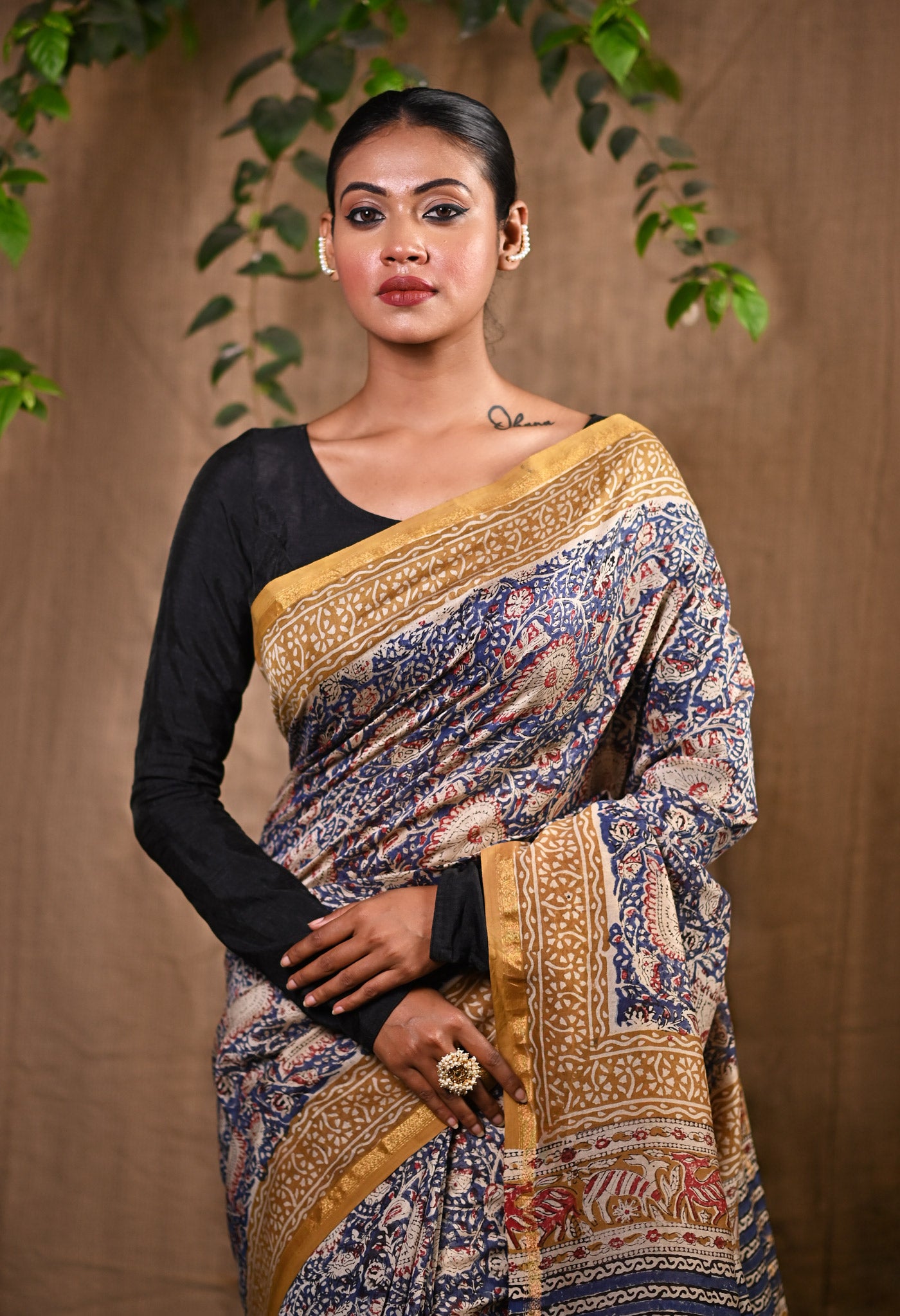 Blue Pure Bagru Kalamkari Printed Chanderi Sico Saree-UNM77129