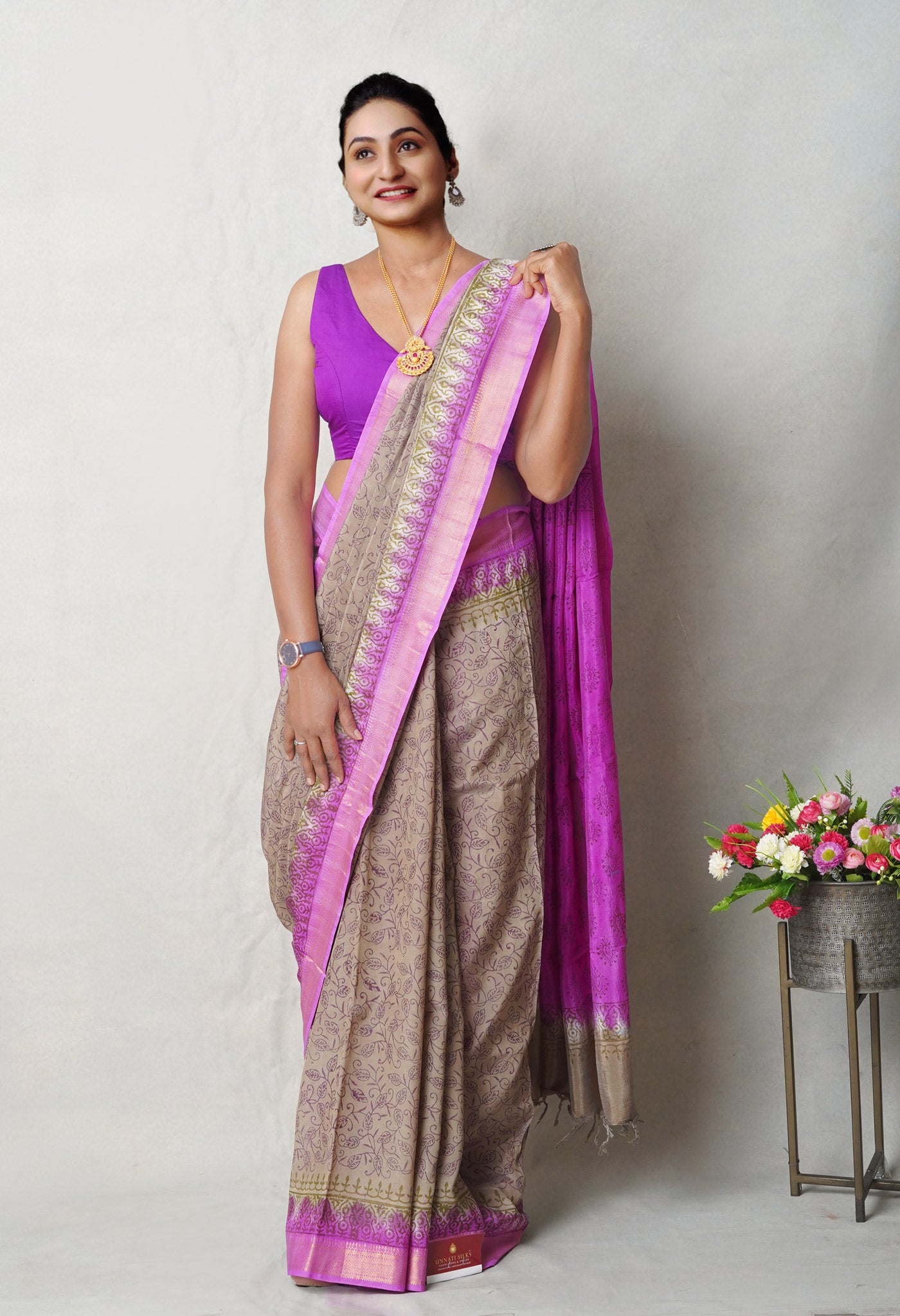 Grey Hand Block Printed Mangalgiri Soft Silk Saree