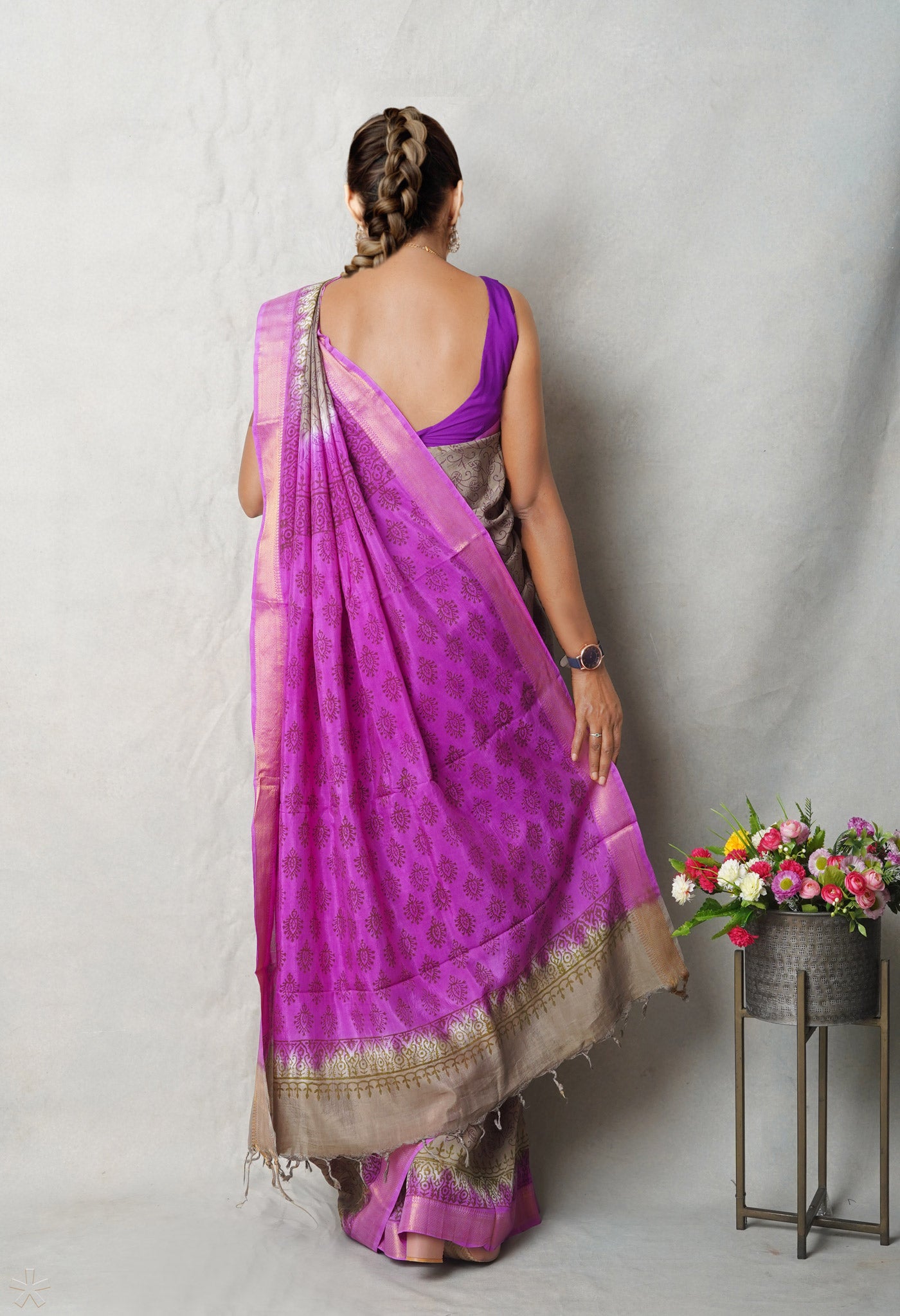 Grey Hand Block Printed Mangalgiri Soft Silk Saree