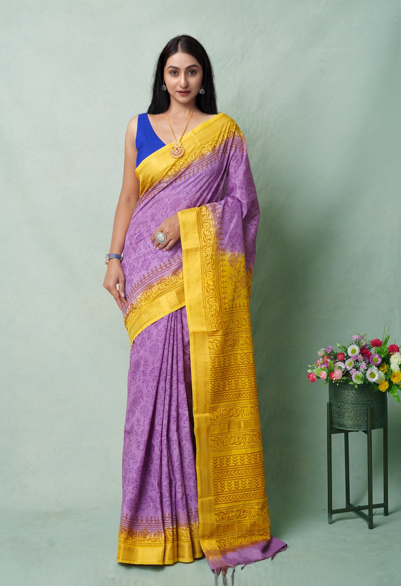 Purple  Hand Block Printed Mangalgiri Soft Silk Saree