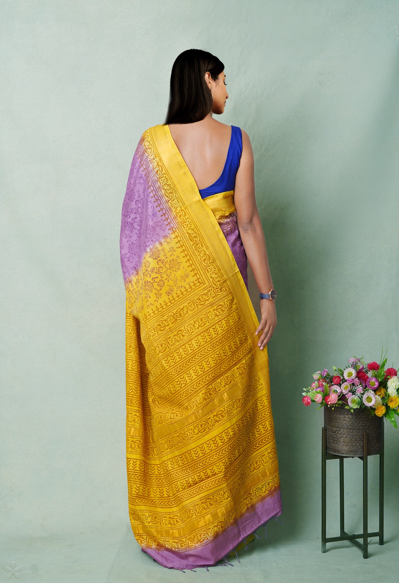 Purple Hand Block Printed Mangalgiri Soft Silk Saree