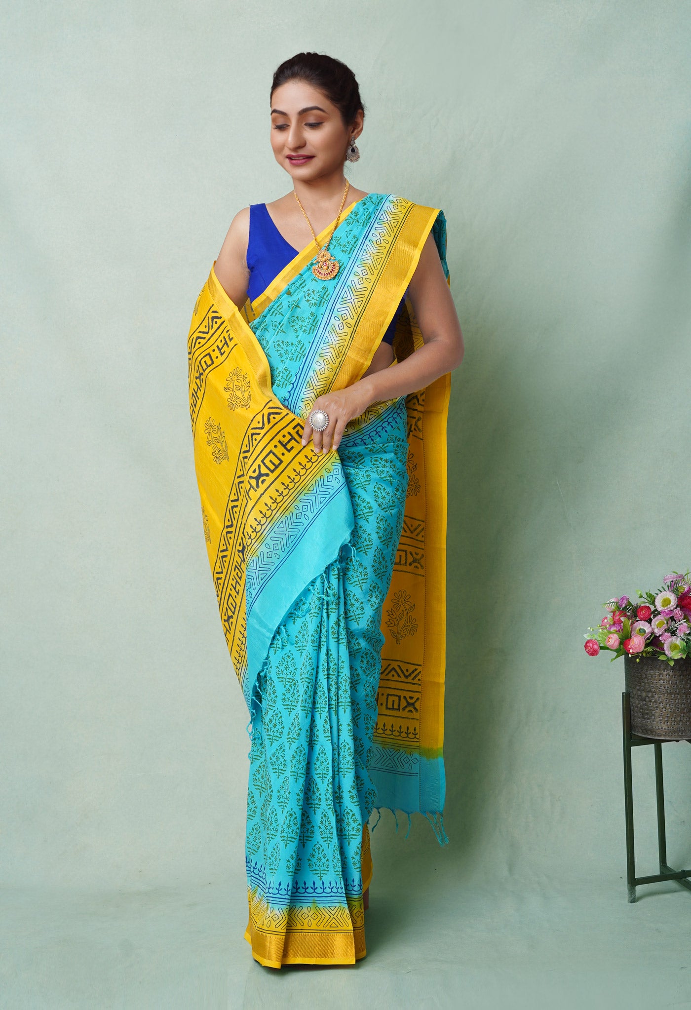 Blue  Hand Block Printed Mangalgiri Soft Silk Saree