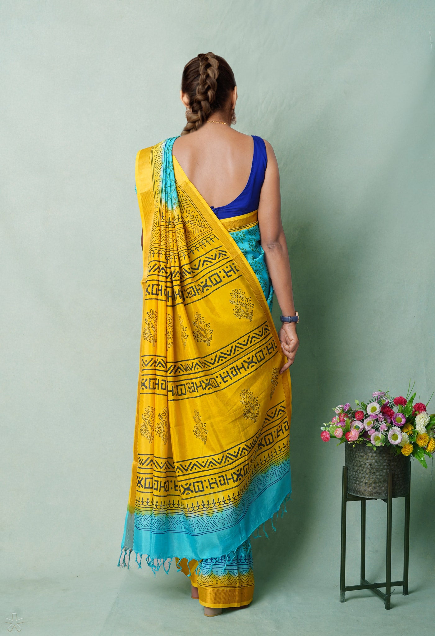 Blue  Hand Block Printed Mangalgiri Soft Silk Saree