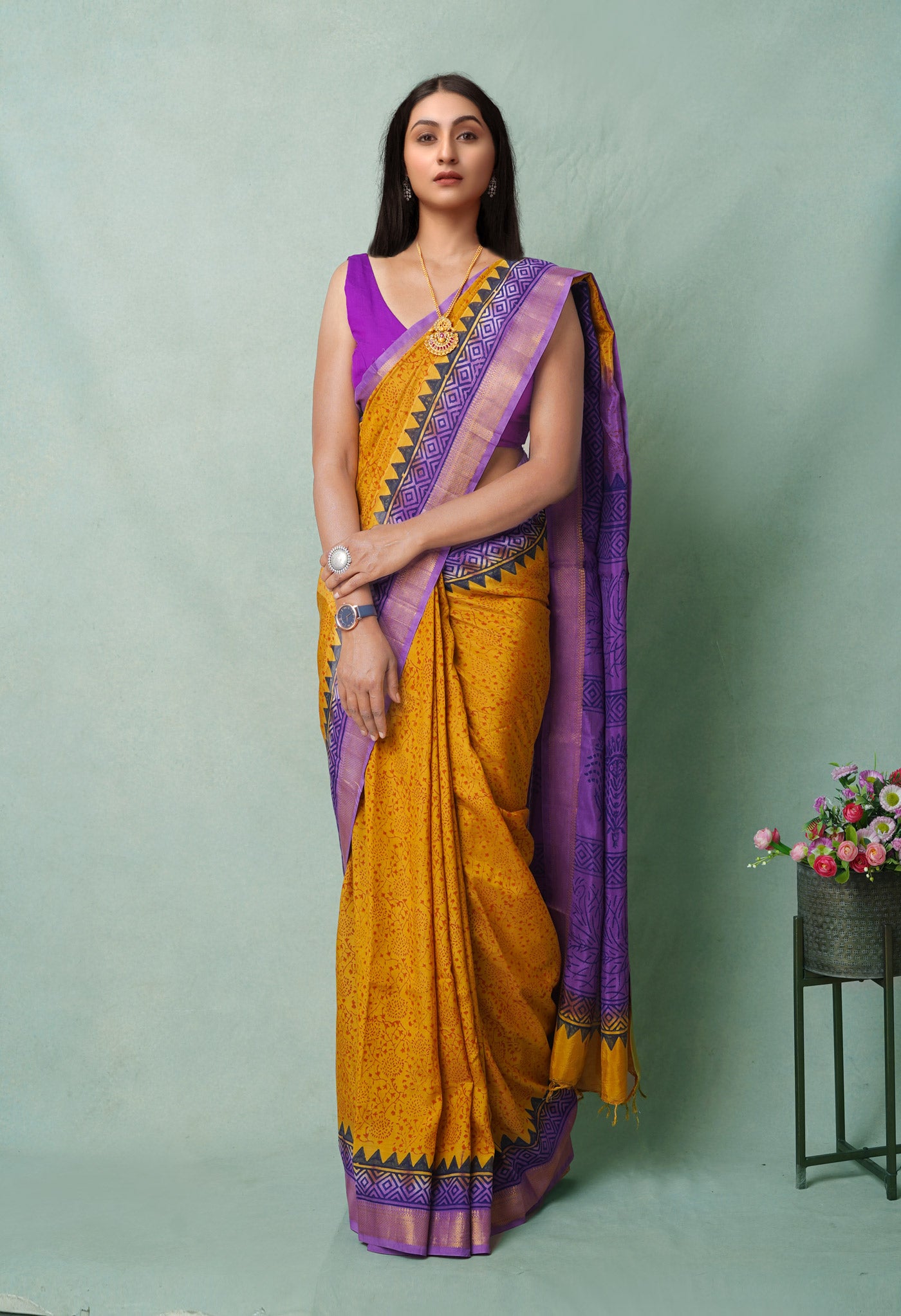 Yellow Hand Block Printed Mangalgiri Soft Silk Saree
