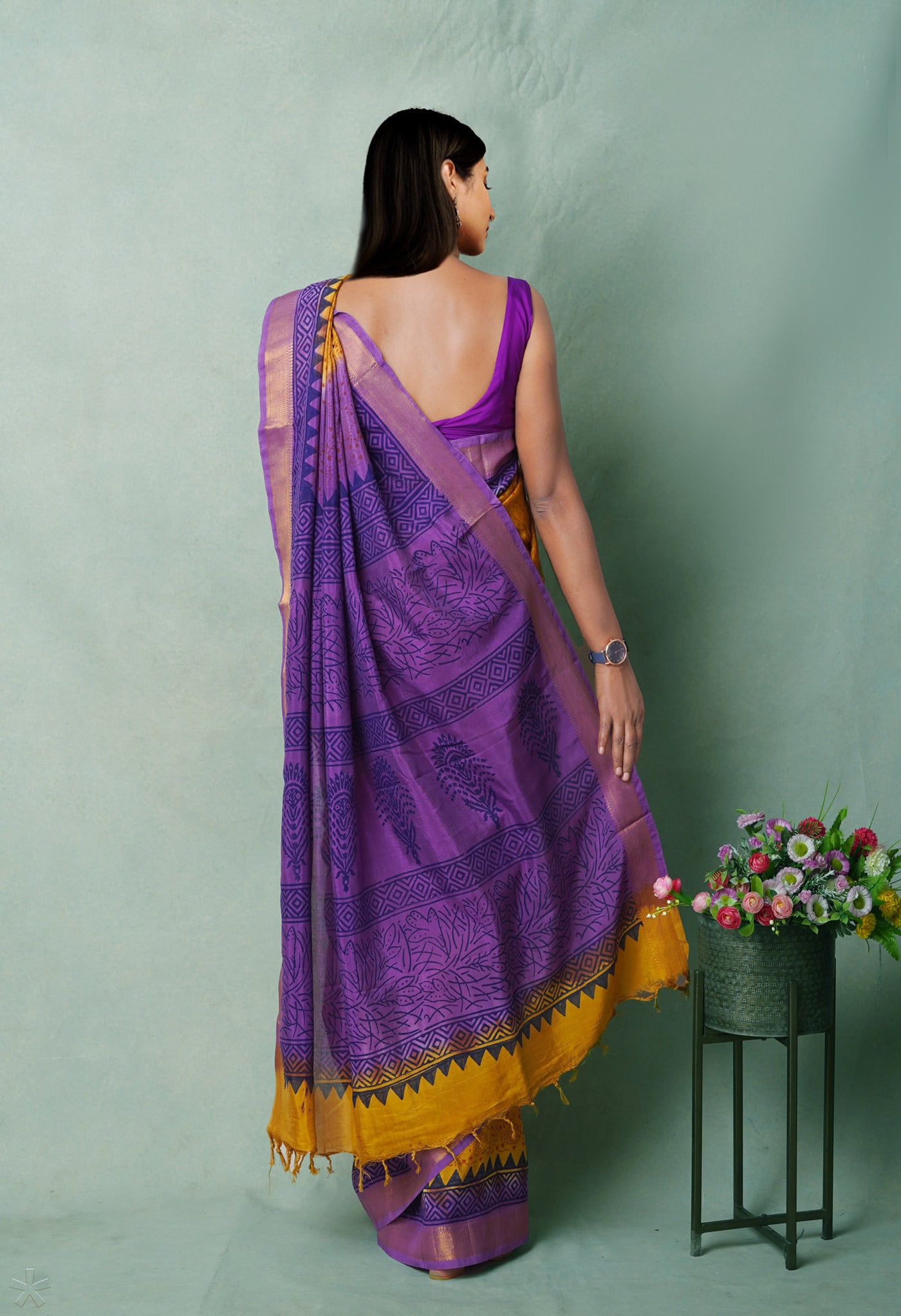Yellow Hand Block Printed Mangalgiri Soft Silk Saree