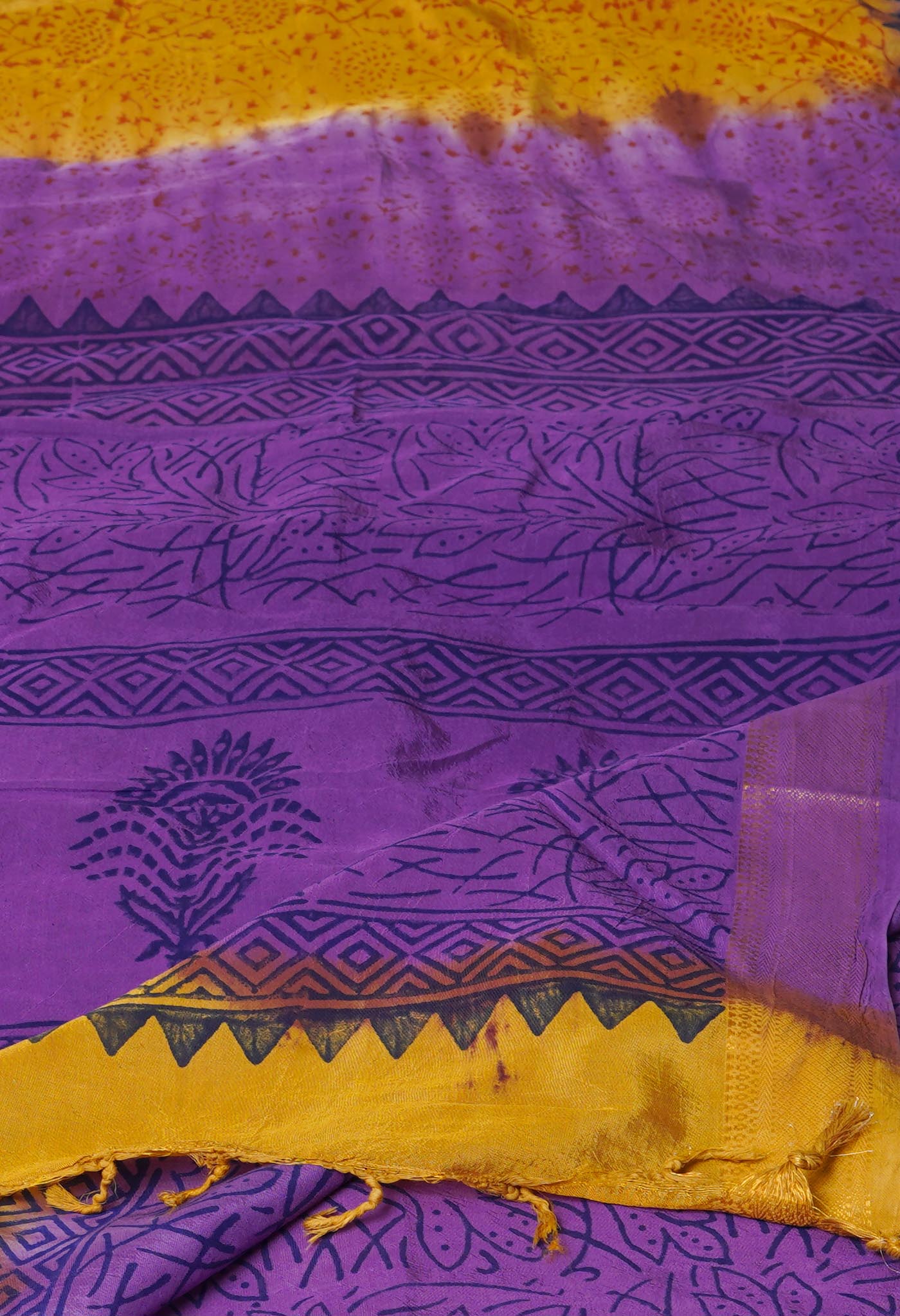 Yellow Hand Block Printed Mangalgiri Soft Silk Saree