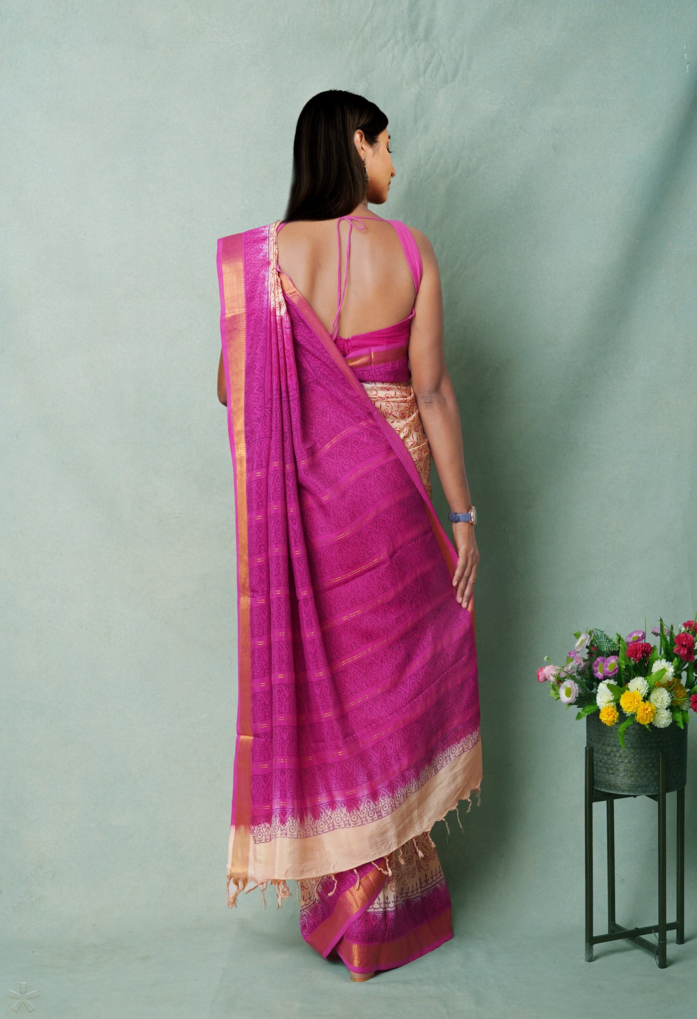 Cream Hand Block Printed Mangalgiri Soft Silk Saree