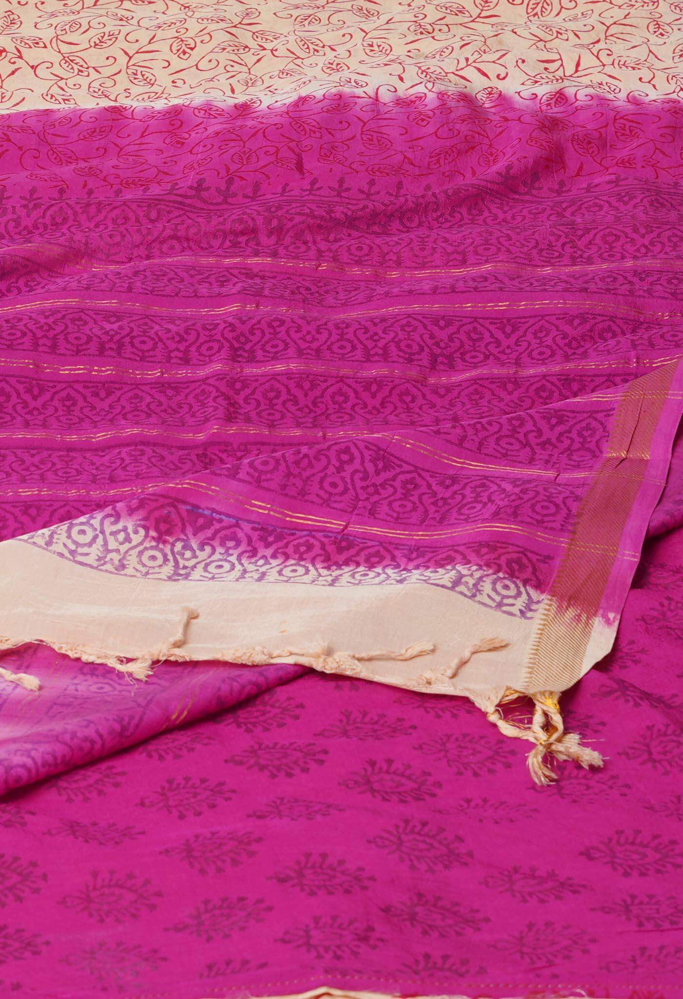 Cream Hand Block Printed Mangalgiri Soft Silk Saree