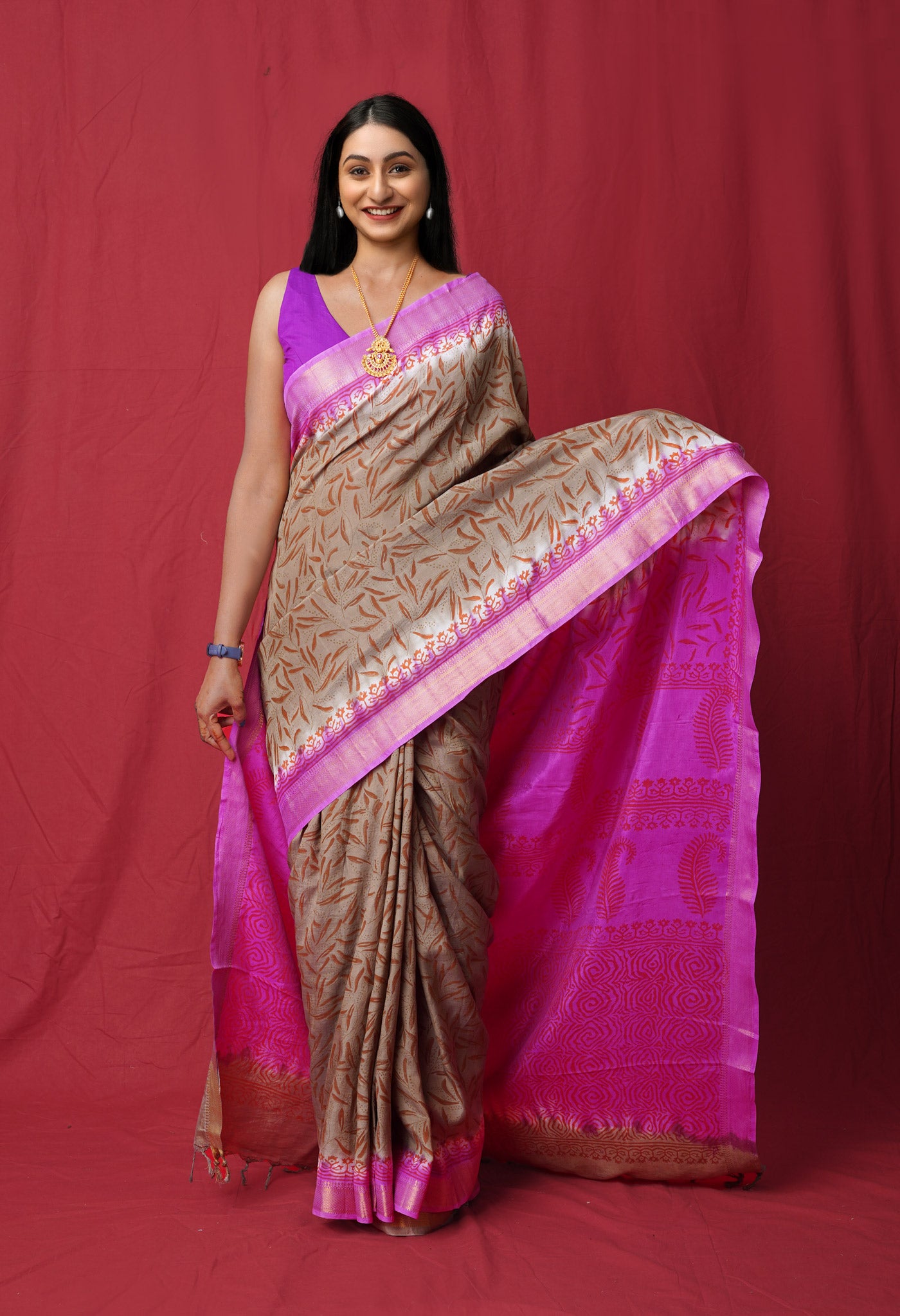 Grey Hand Block Printed Mangalgiri Soft Silk Saree