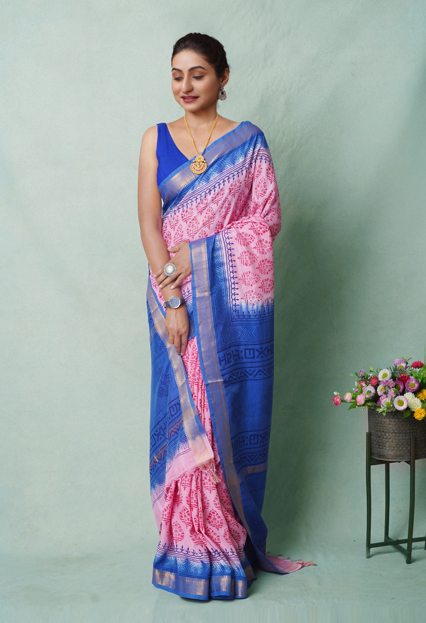 Pink Hand Block Printed Mangalgiri Soft Silk Saree