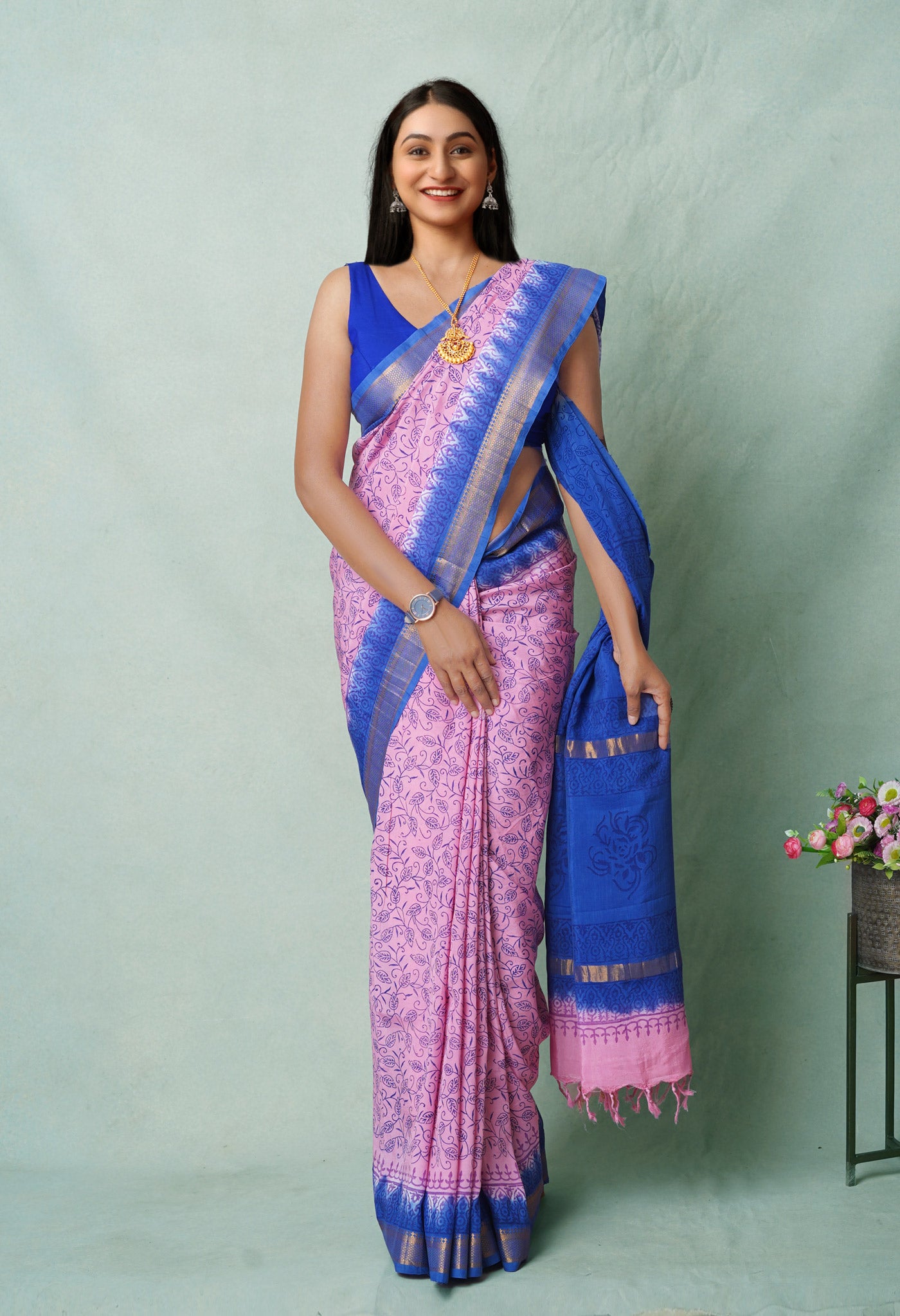 Pink Hand Block Printed Mangalgiri Soft Silk Saree