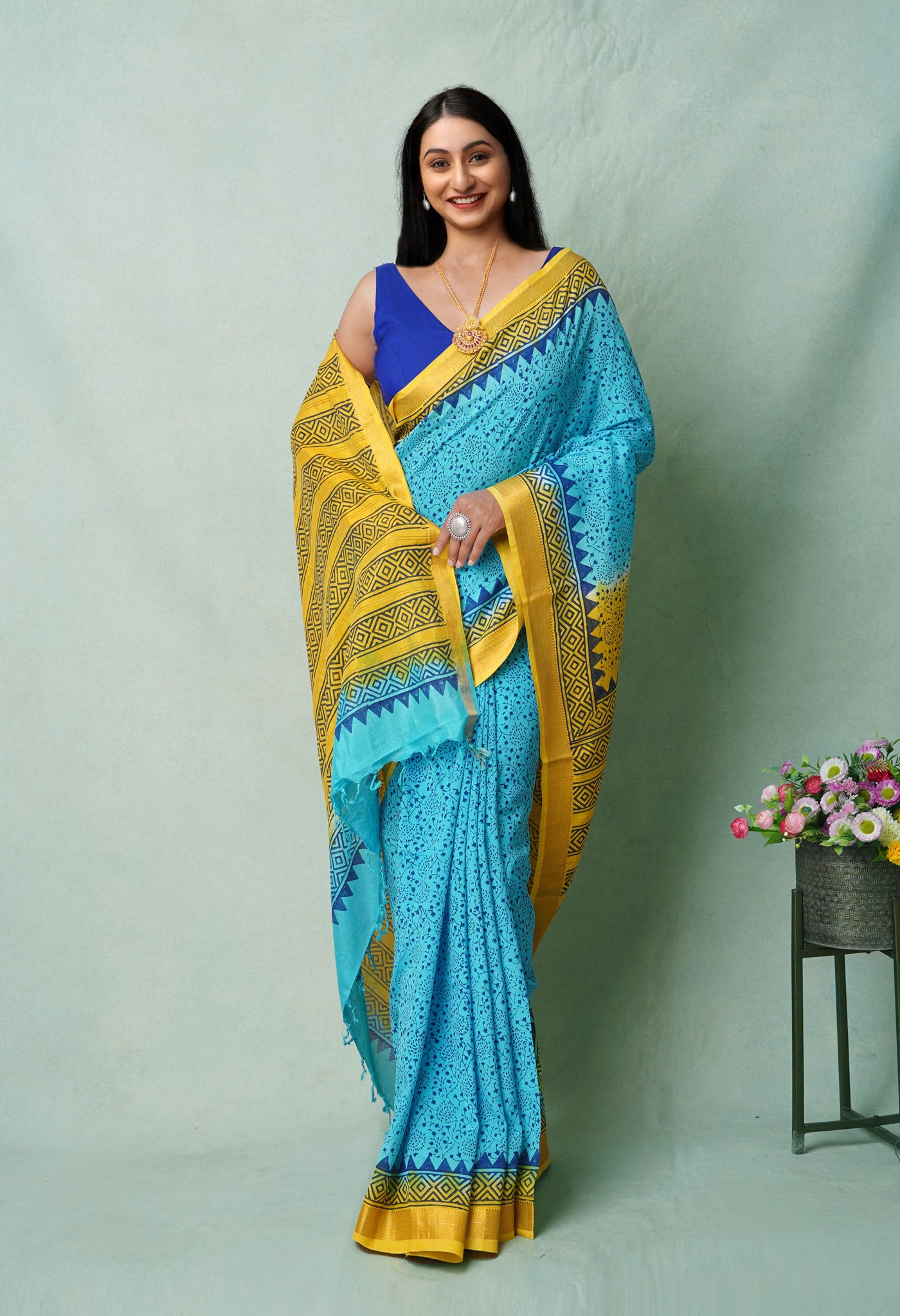 Blue  Hand Block Printed Mangalgiri Soft Silk Saree