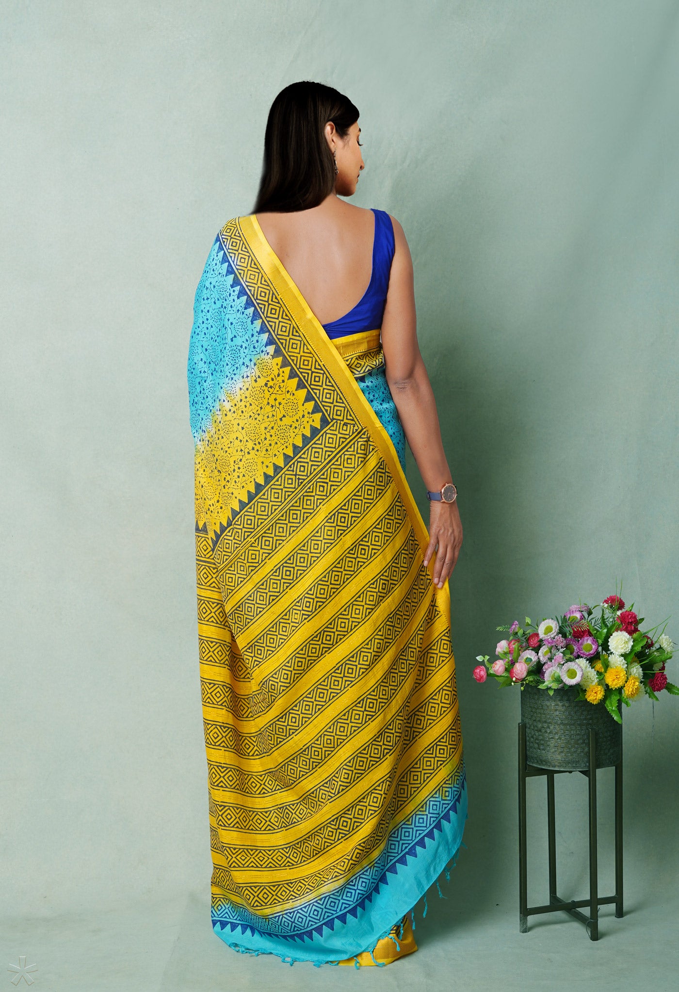 Blue  Hand Block Printed Mangalgiri Soft Silk Saree