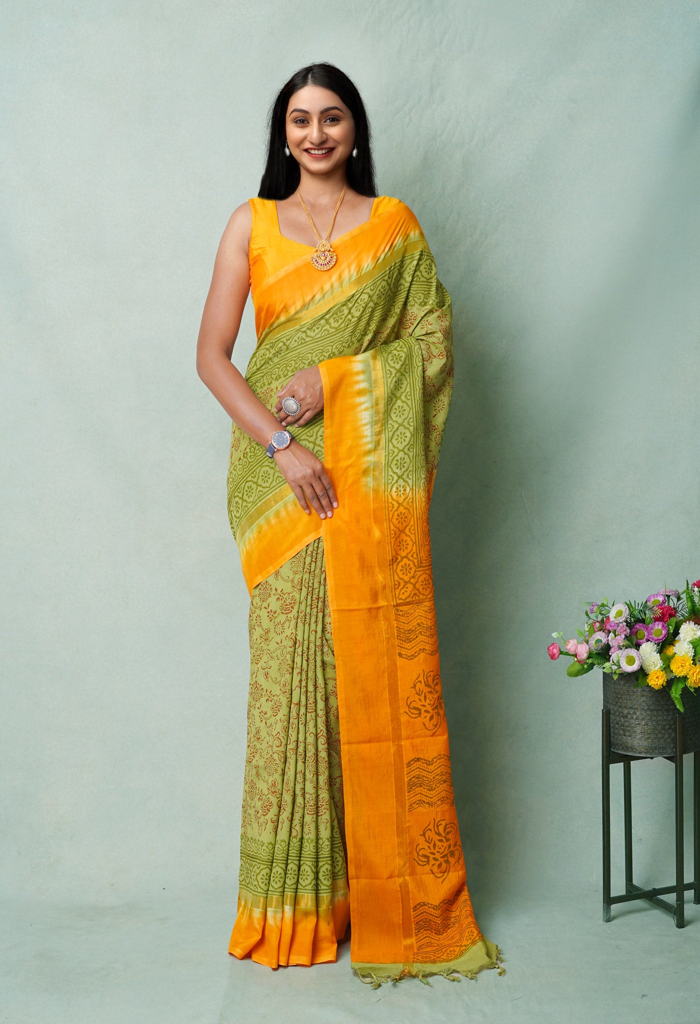 Green Hand Block Printed Mangalgiri Soft Silk Saree