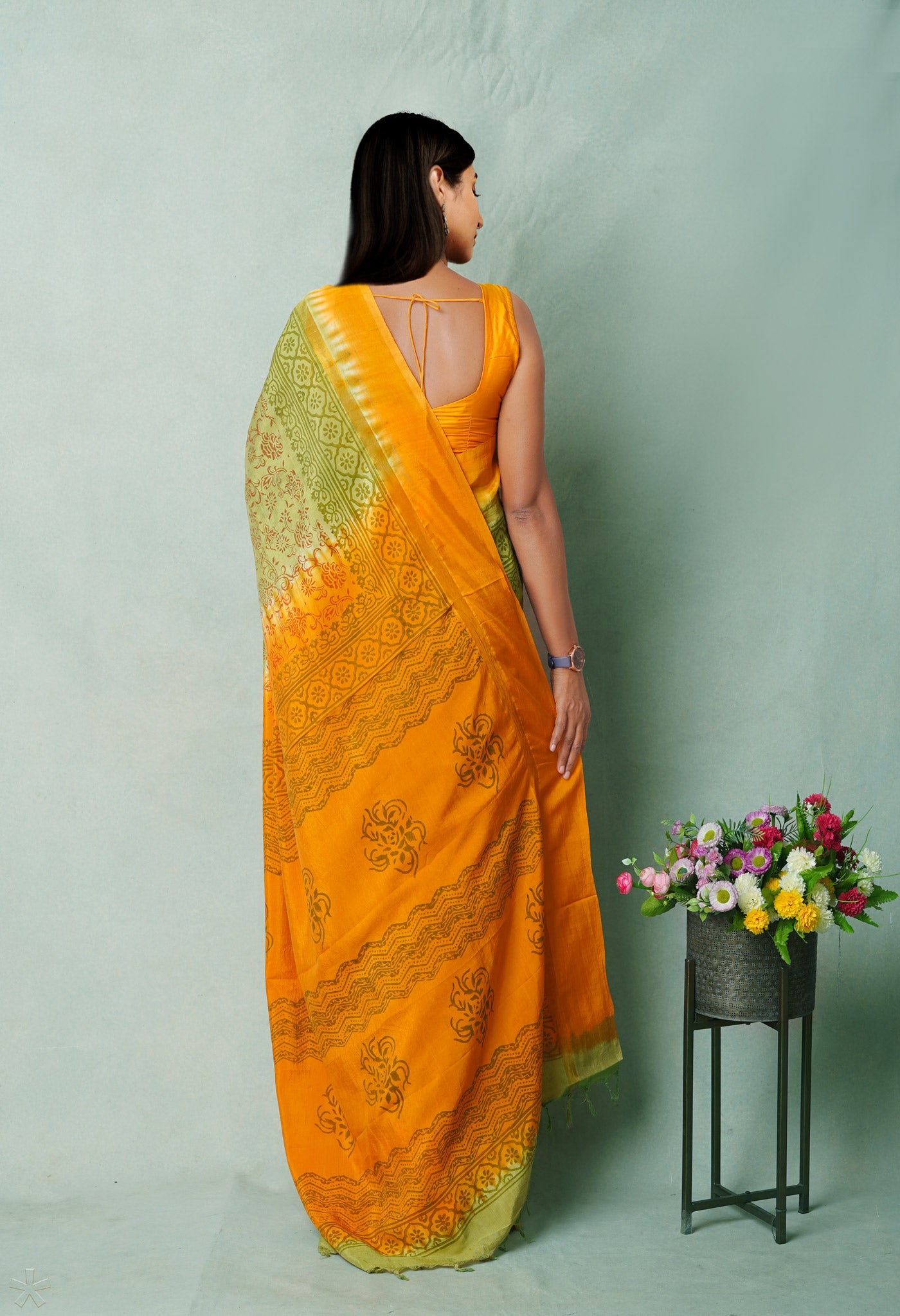 Green Hand Block Printed Mangalgiri Soft Silk Saree