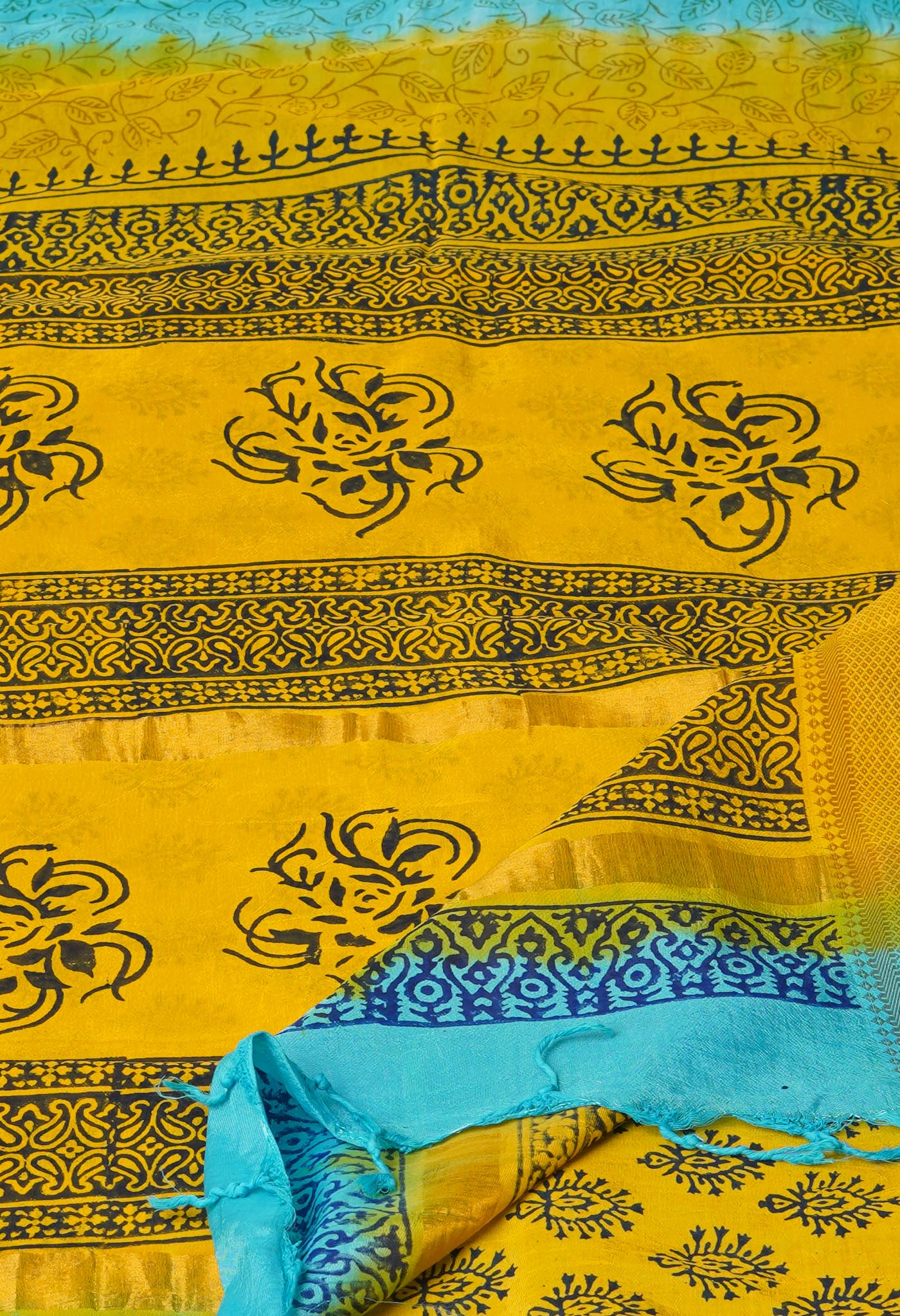 Blue  Hand Block Printed Mangalgiri Soft Silk Saree