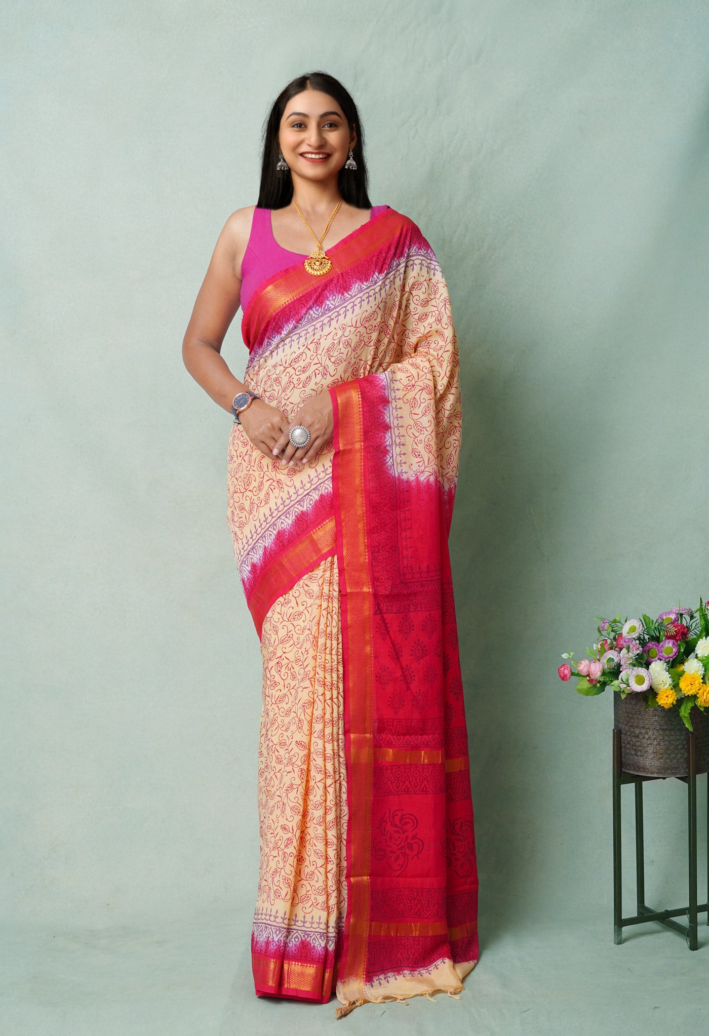 Cream  Hand Block Printed Mangalgiri Soft Silk Saree