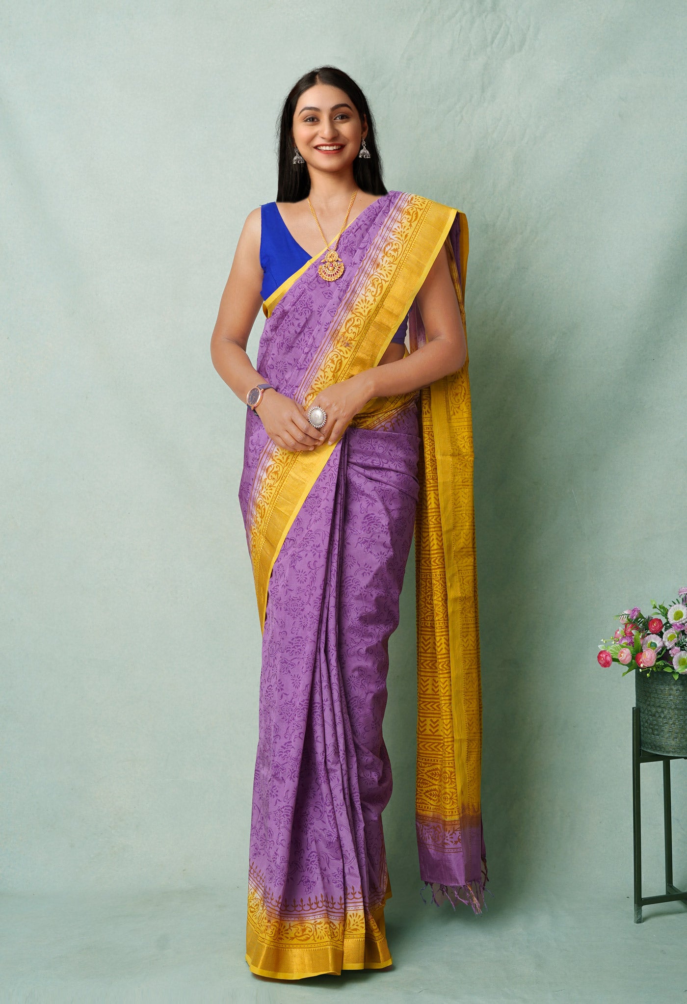 Purple  Hand Block Printed Mangalgiri Soft Silk Saree