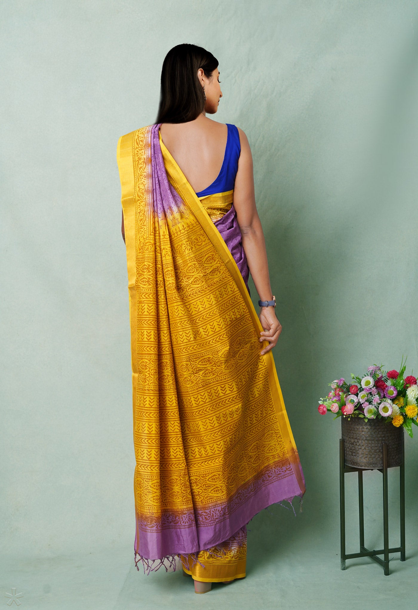 Purple  Hand Block Printed Mangalgiri Soft Silk Saree