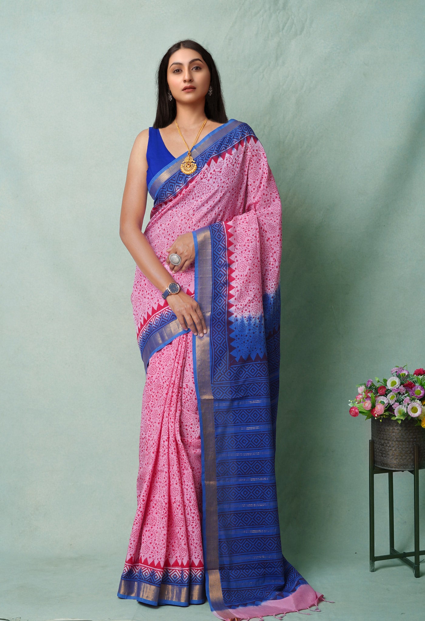 Pink  Hand Block Printed Mangalgiri Soft Silk Saree