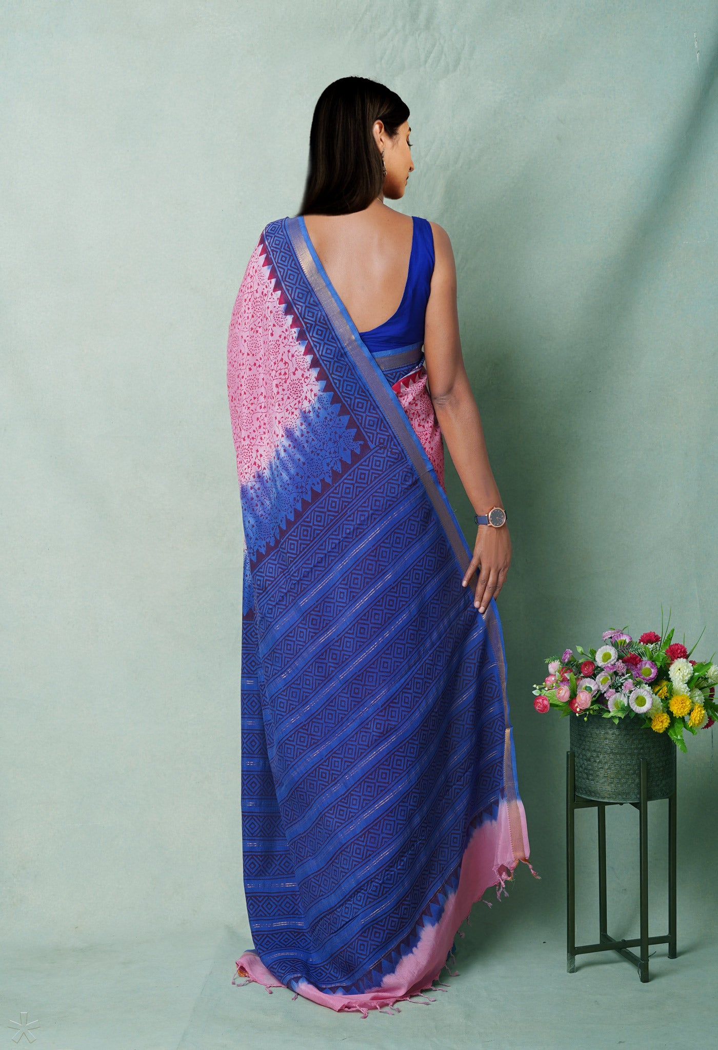 Pink  Hand Block Printed Mangalgiri Soft Silk Saree