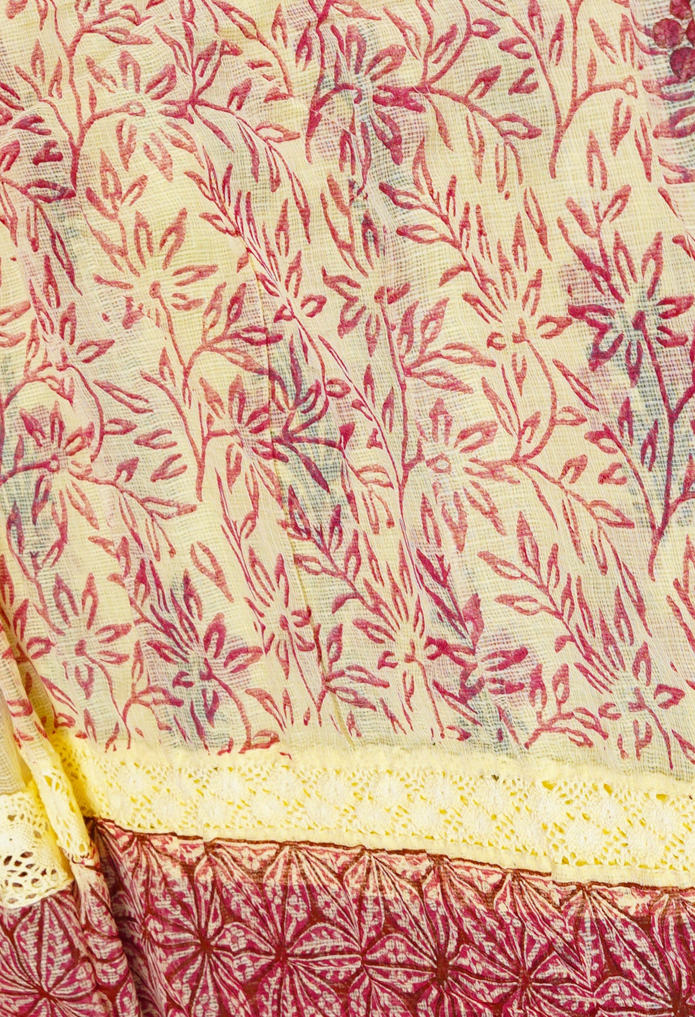 Yellow Pure  Block Printed With Chrochio Lace Work Embroidery Kota Saree