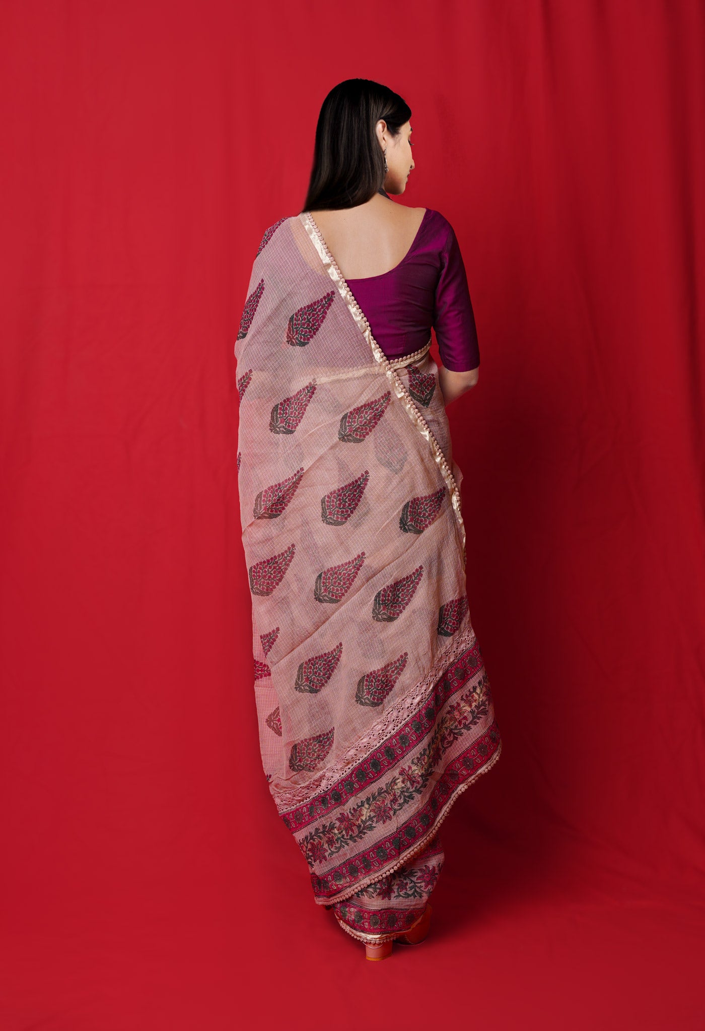 Beige Pure  Block Printed With Chrochio Lace Work Embroidery Kota Saree