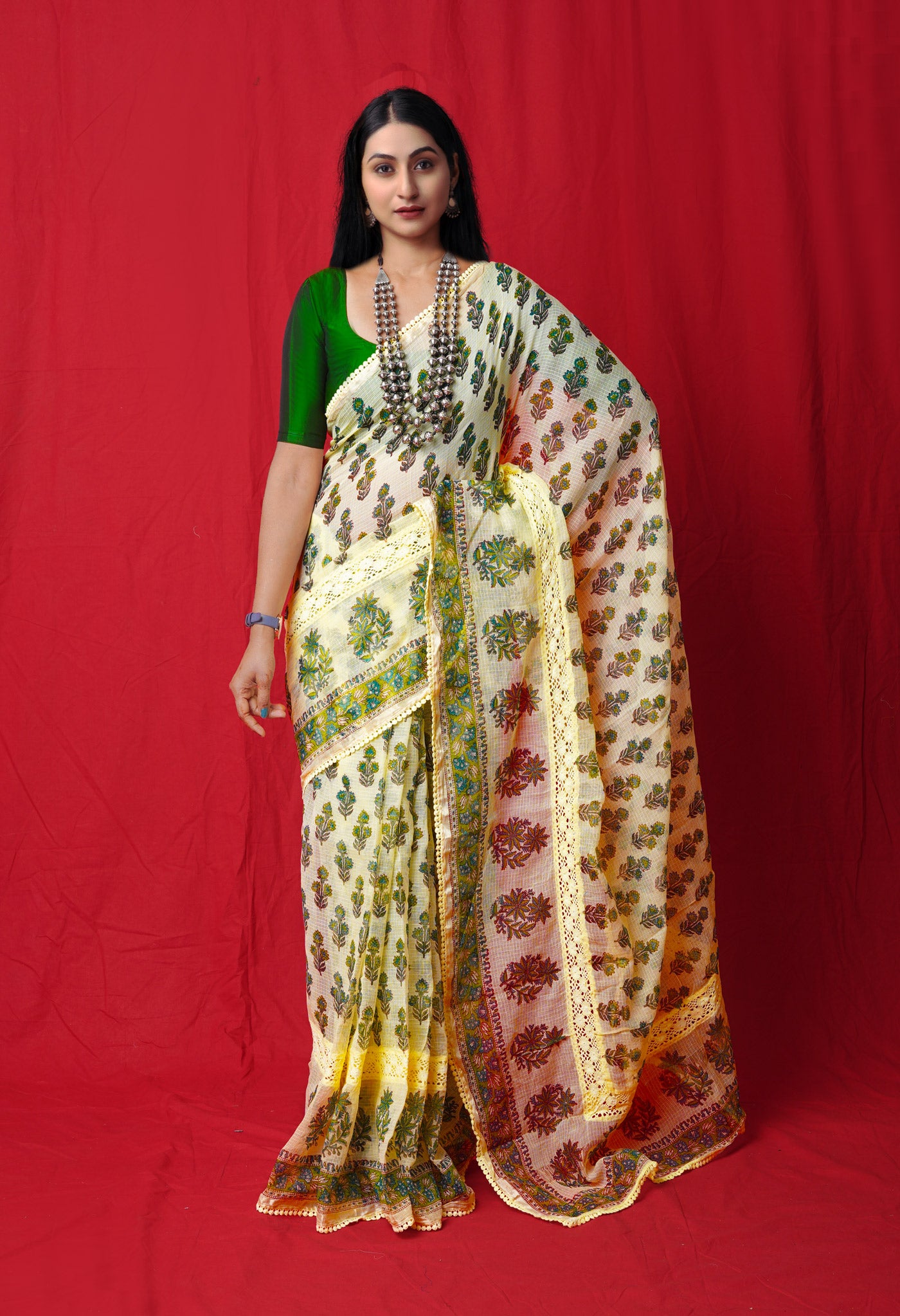 Yellow Pure Block Printed With Chrochio Lace Work Embroidery Kota Saree