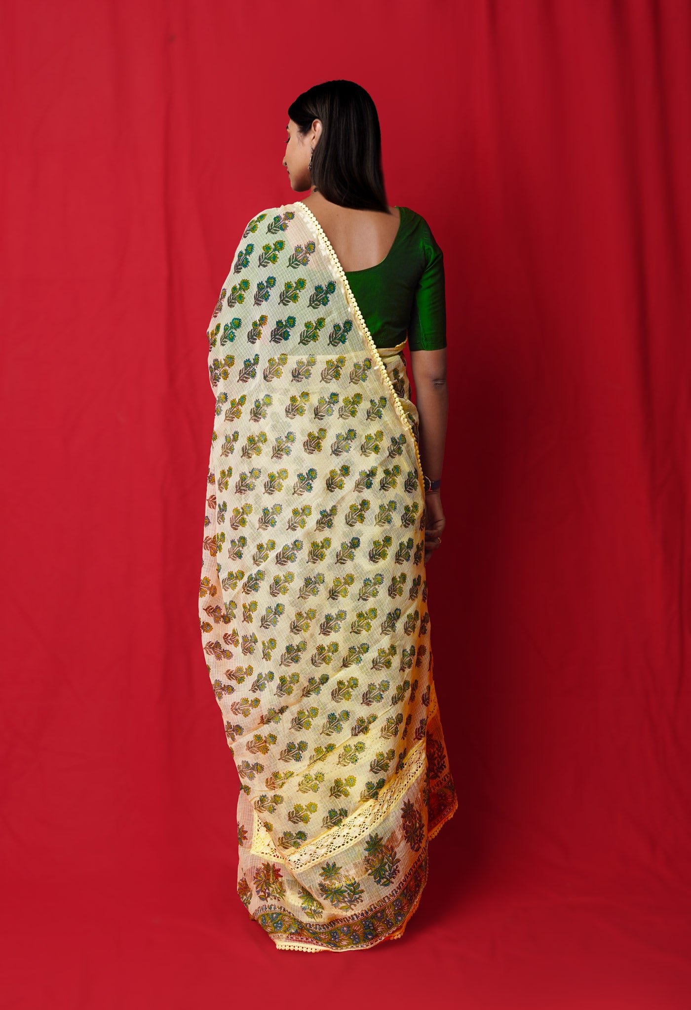 Yellow Pure Block Printed With Chrochio Lace Work Embroidery Kota Saree