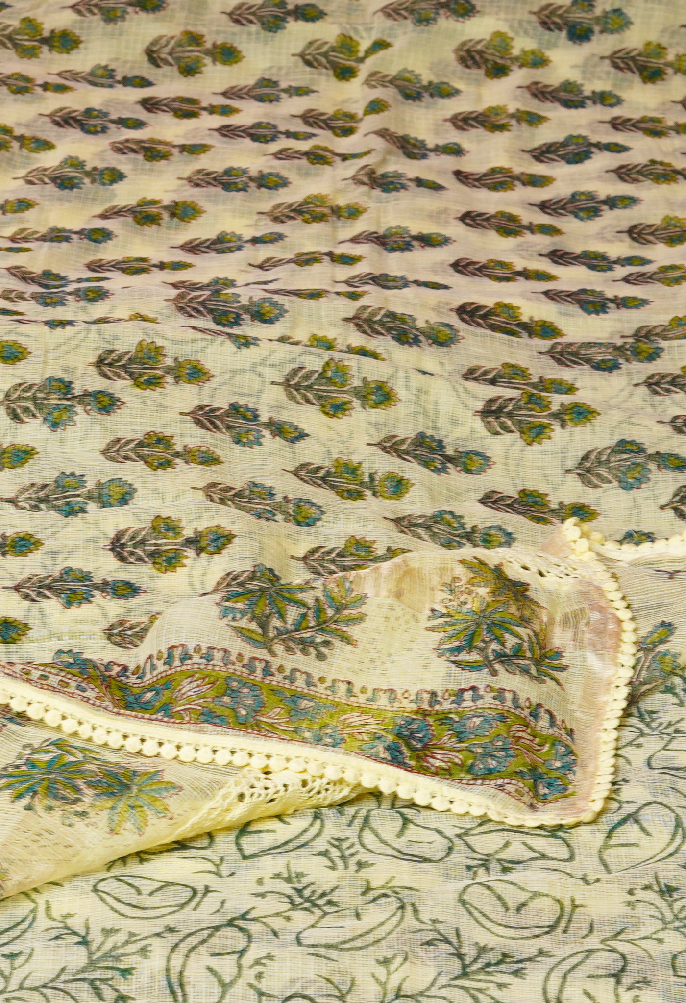 Yellow Pure Block Printed With Chrochio Lace Work Embroidery Kota Saree