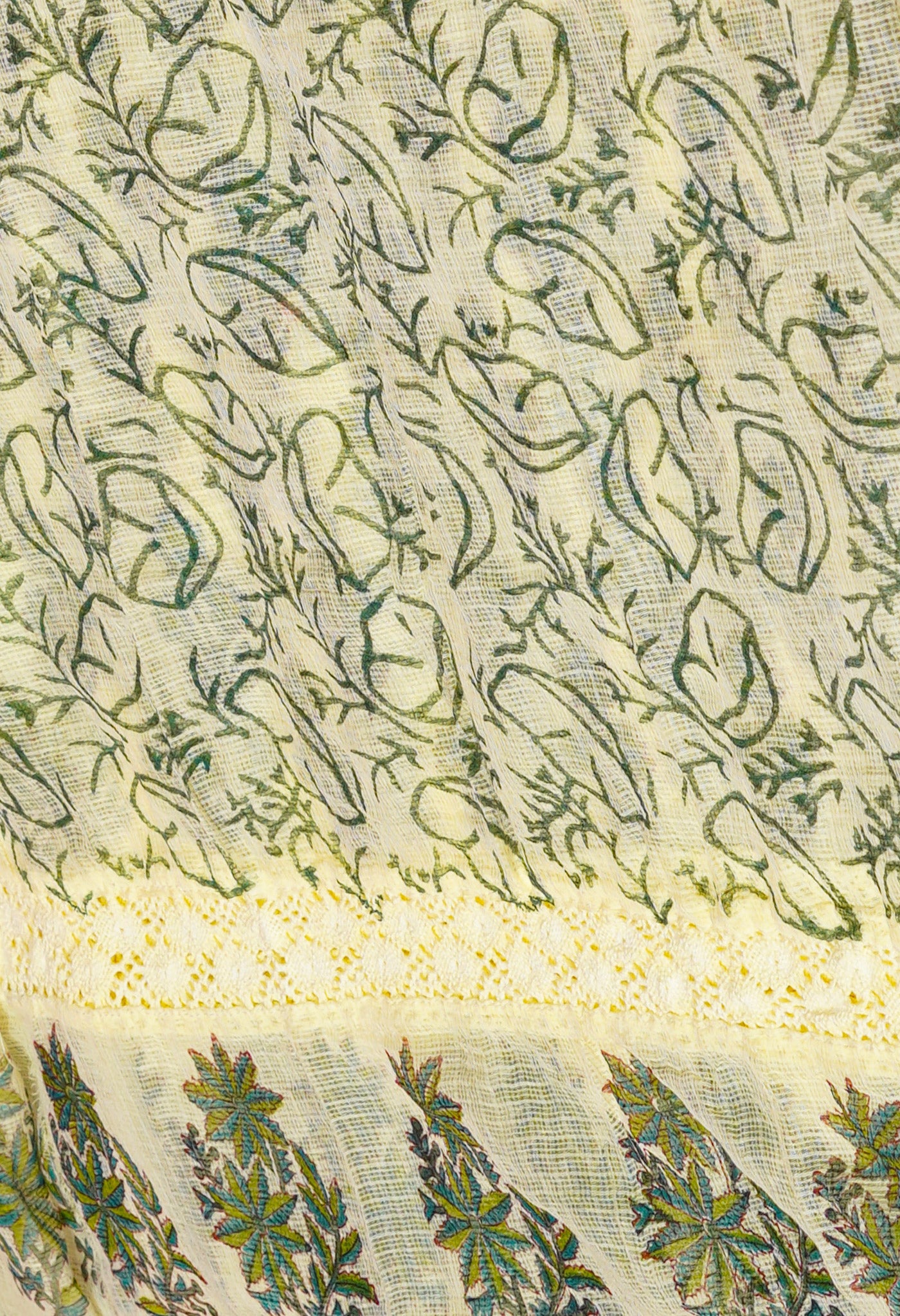 Yellow Pure Block Printed With Chrochio Lace Work Embroidery Kota Saree