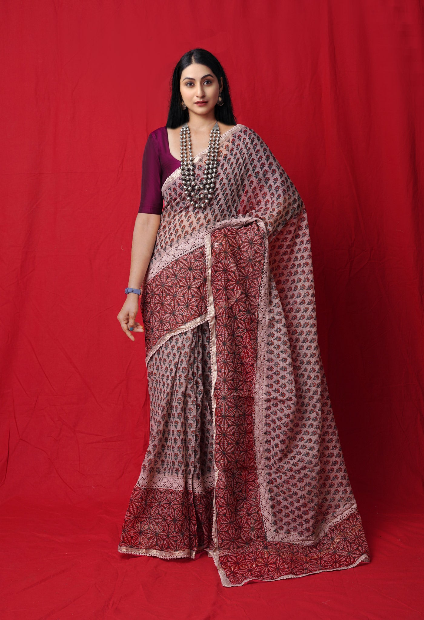 Beige Pure  Block Printed With Chrochio Lace Work Embroidery Kota Saree