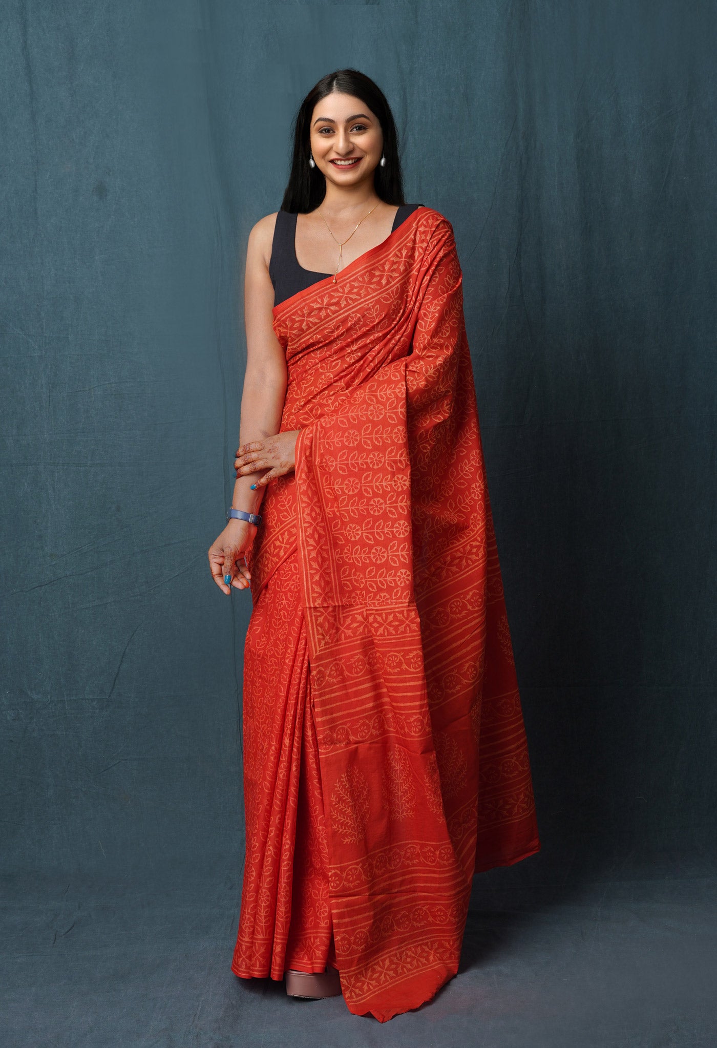 Red Pure Hand Block Discharge Printed Soft Cotton Saree
