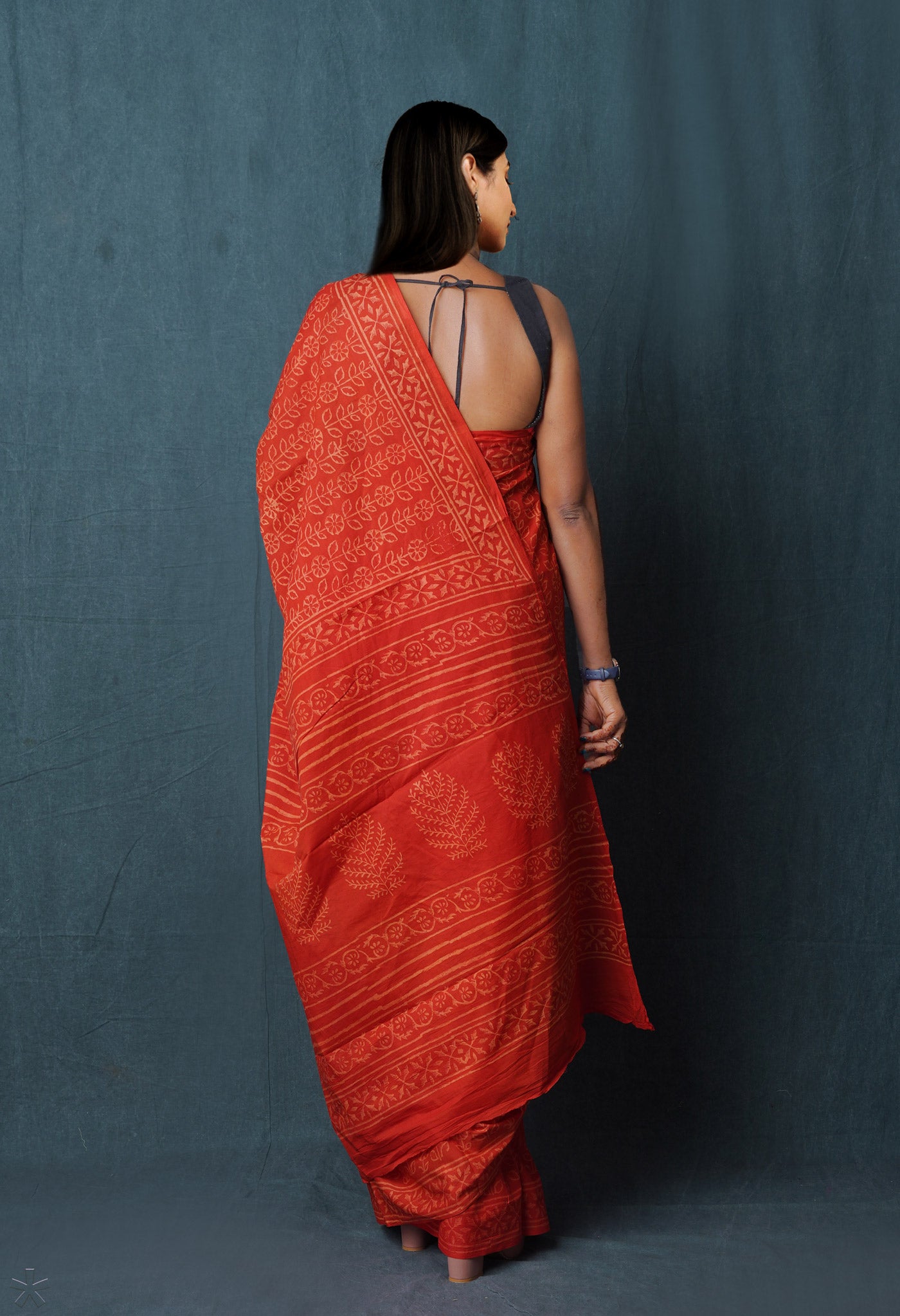 Red Pure Hand Block Discharge Printed Soft Cotton Saree