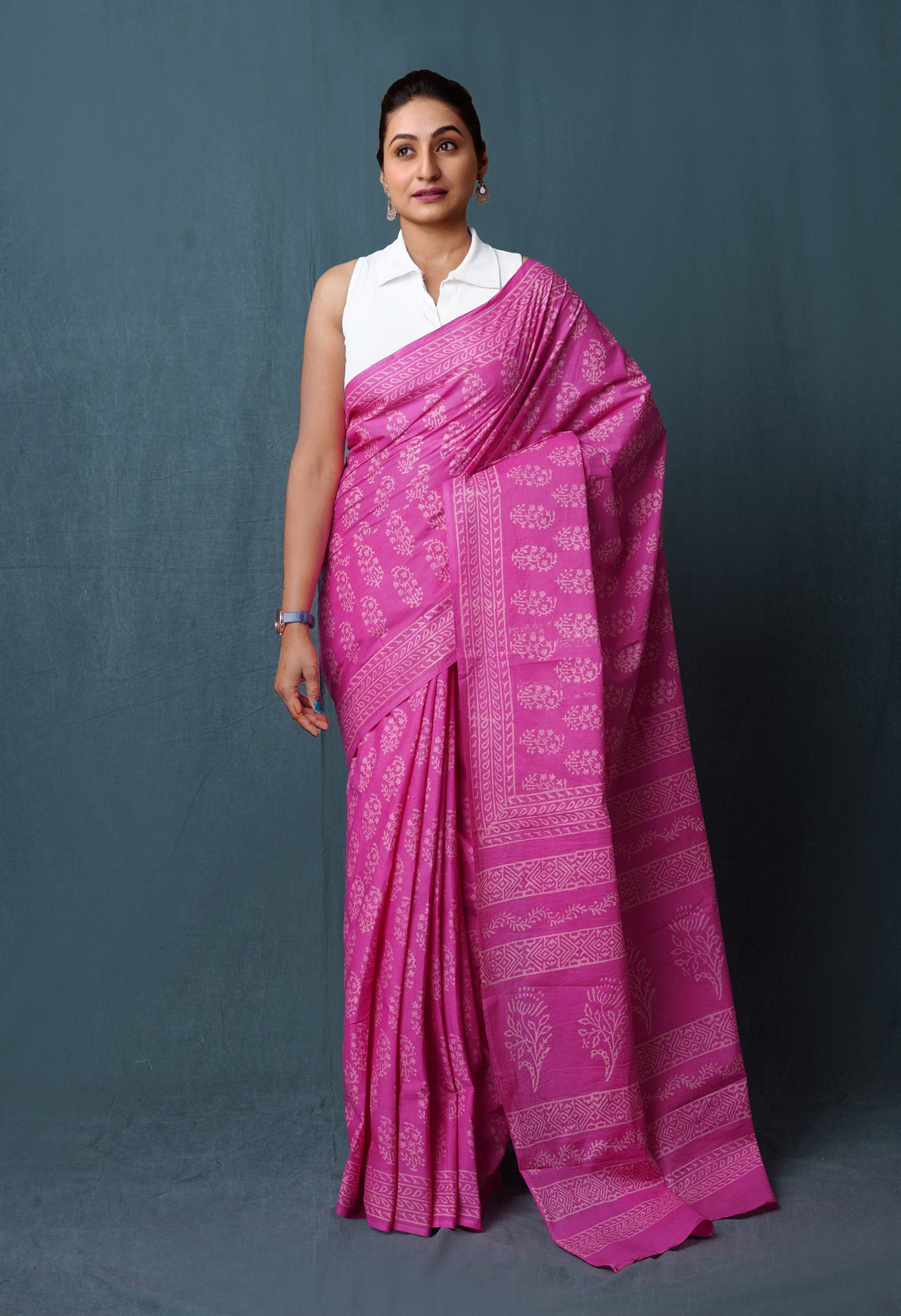Pink Pure Hand Block Discharge Printed Soft Cotton Saree