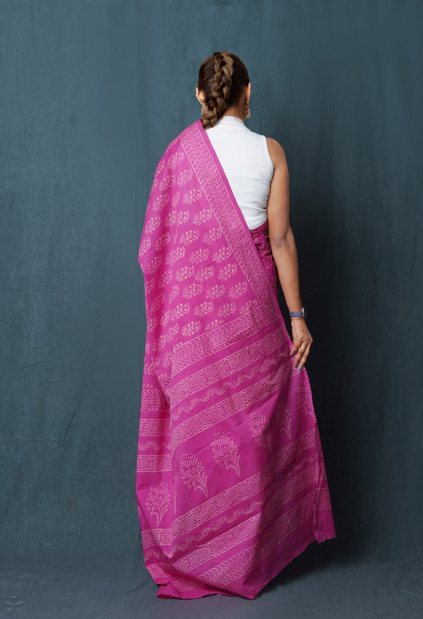 Pink Pure Hand Block Discharge Printed Soft Cotton Saree