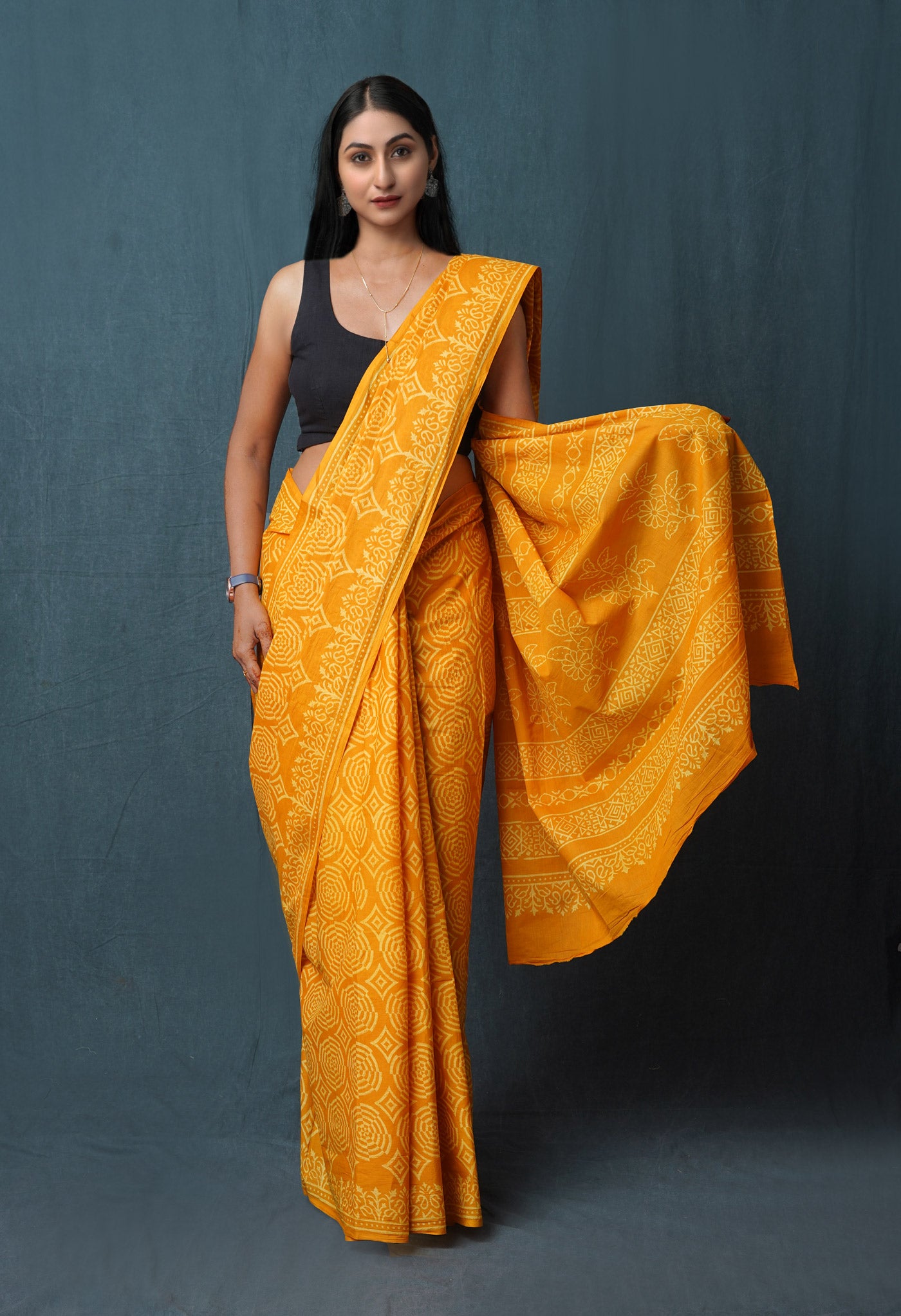 Yellow Pure Hand Block Discharge Printed Soft Cotton Saree