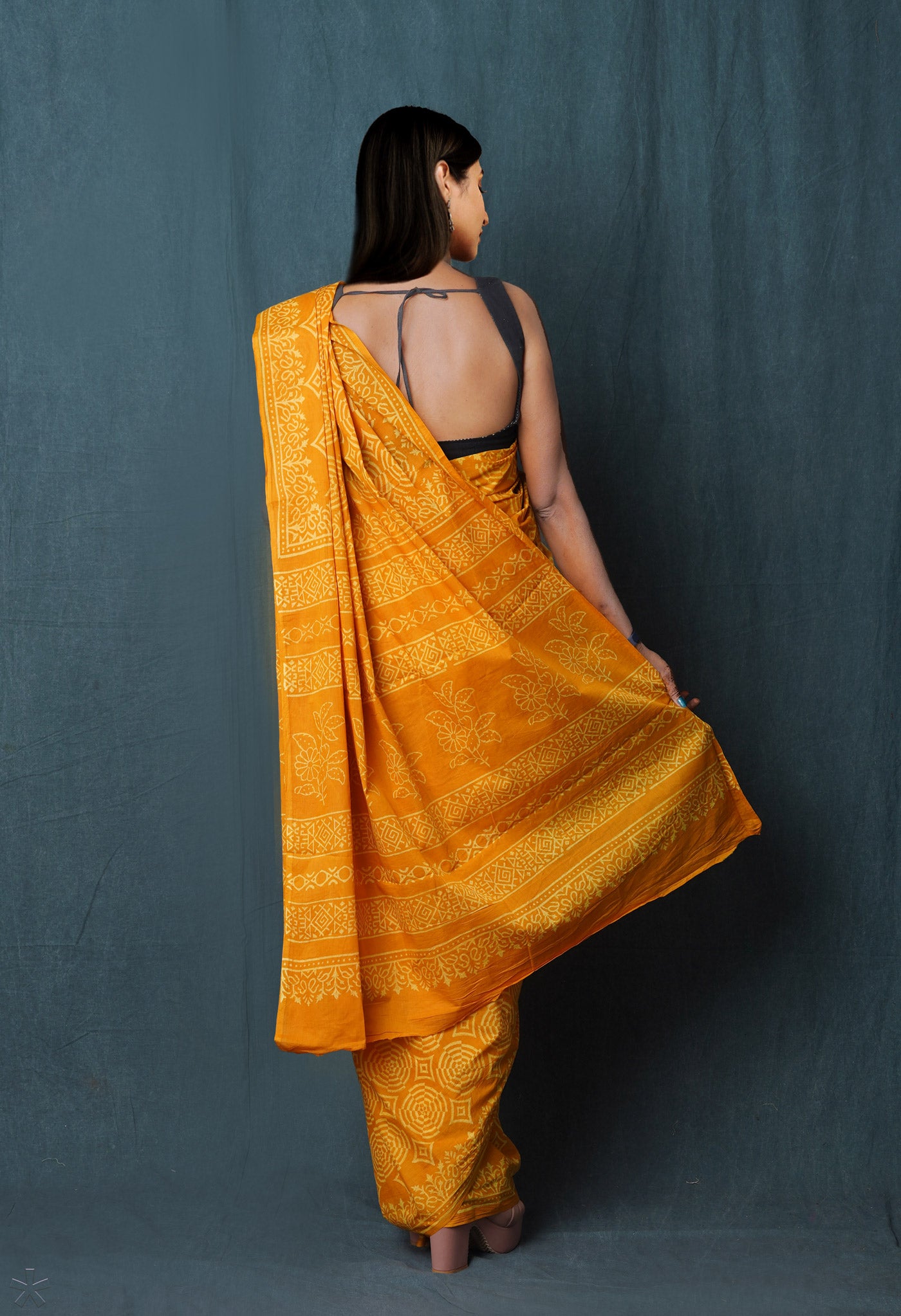 Yellow Pure Hand Block Discharge Printed Soft Cotton Saree