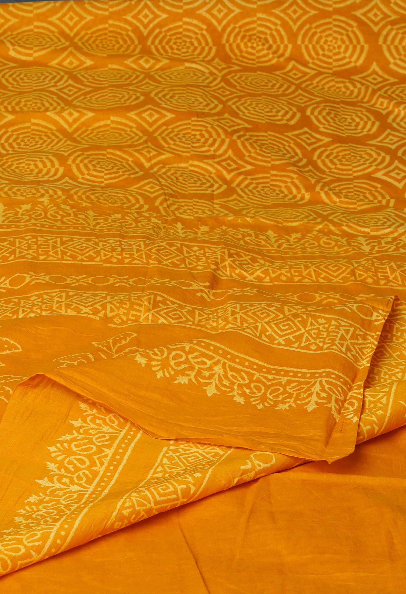 Yellow Pure Hand Block Discharge Printed Soft Cotton Saree