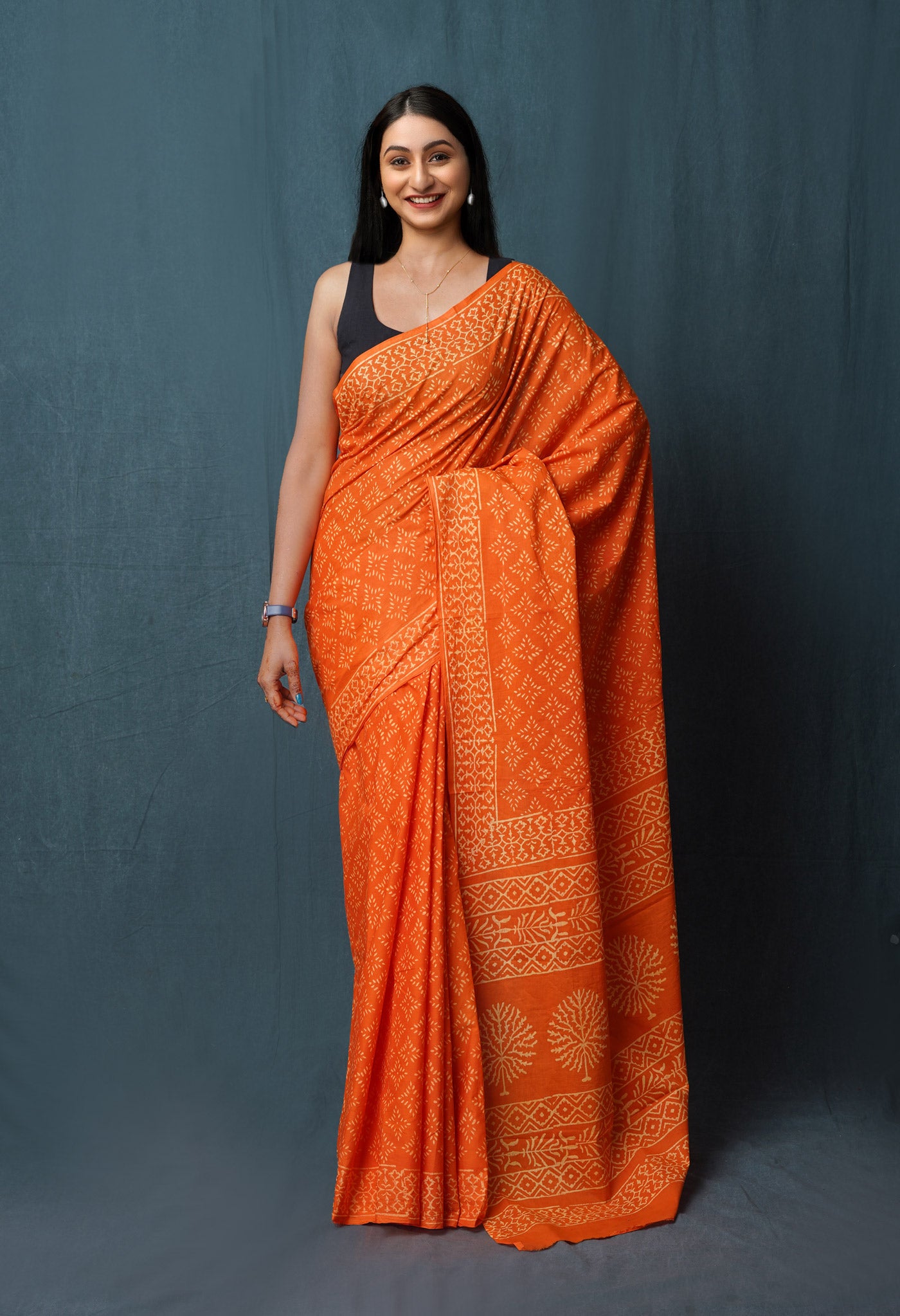 Orange Pure Hand Block Discharge Printed Soft Cotton Saree