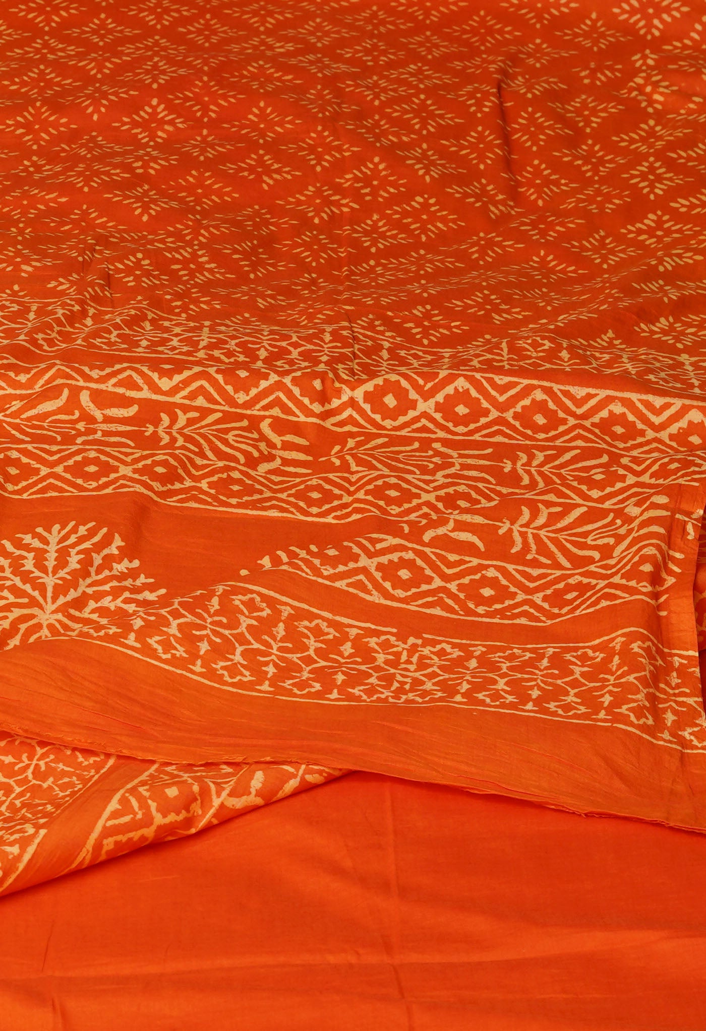 Orange Pure Hand Block Discharge Printed Soft Cotton Saree