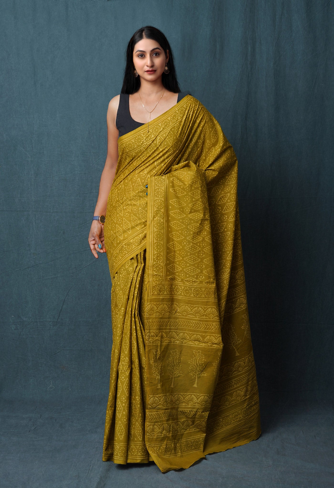 Green Pure Hand Block Discharge Printed Soft Cotton Saree