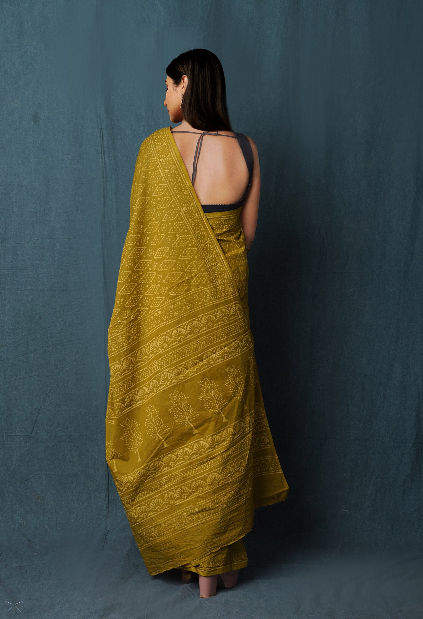Green Pure Hand Block Discharge Printed Soft Cotton Saree